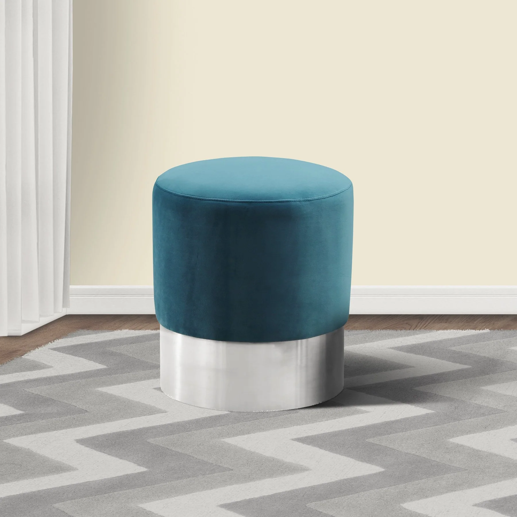 Tabitha Contemporary Round Ottoman in Brushed Stainless Steel with Green Velvet - Image 2