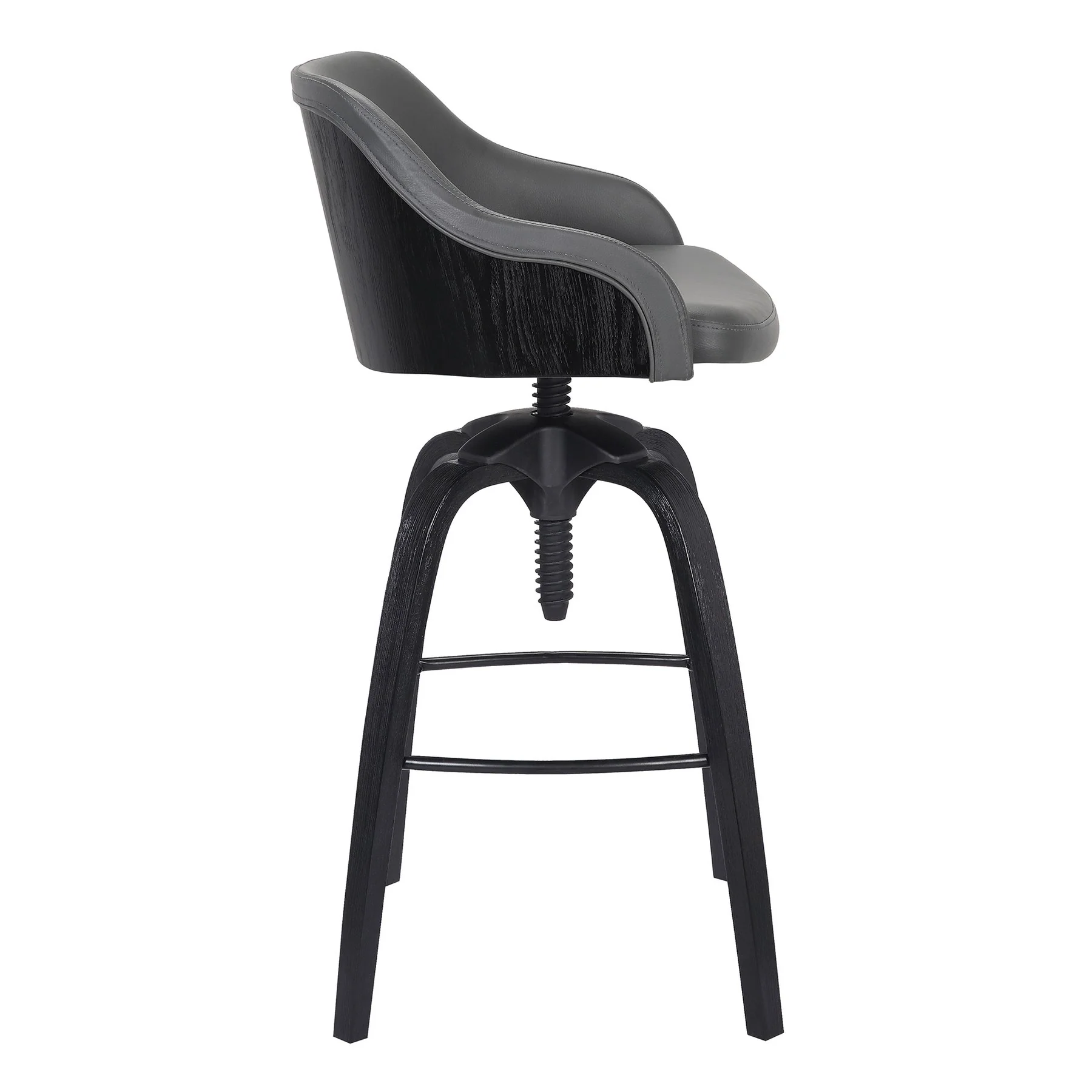 Tara Contemporary Adjustable Barstool in Black Brushed Wood Finish and Gray Faux Leather - Image 3