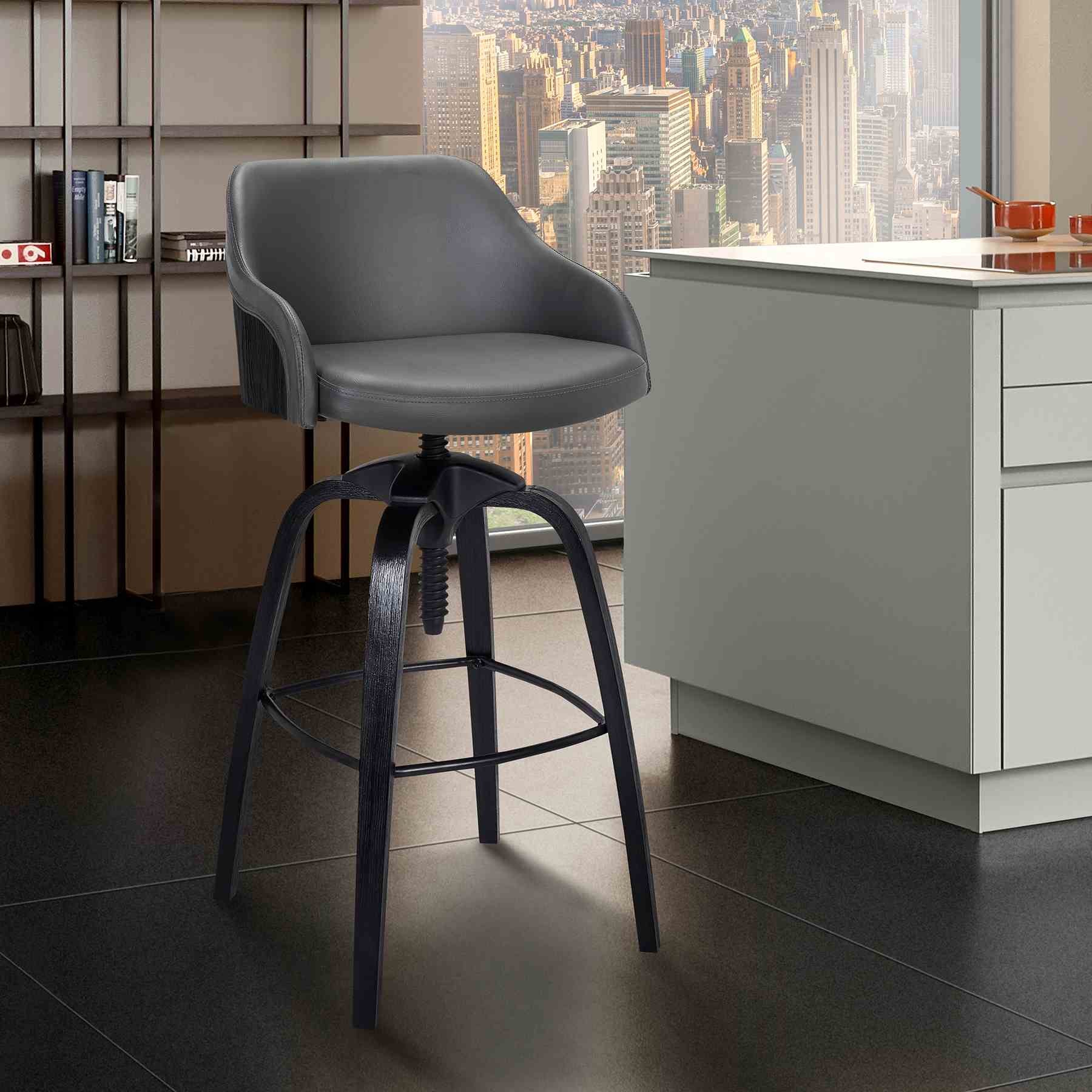 Tara Contemporary Adjustable Barstool in Black Brushed Wood Finish and Gray Faux Leather - Image 6