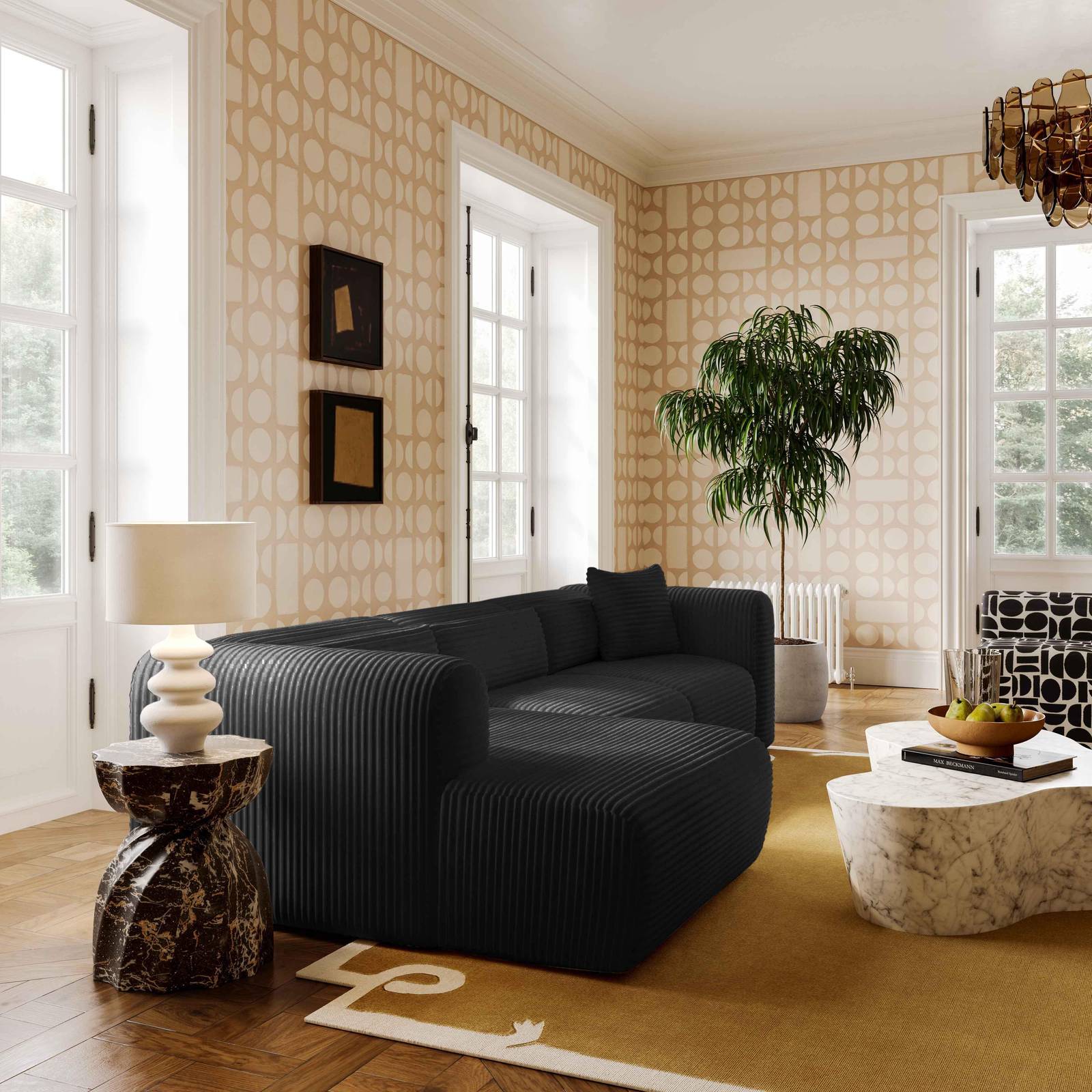 Tarra Fluffy Oversized Black Corduroy Modular LAF Chaise - Image 4