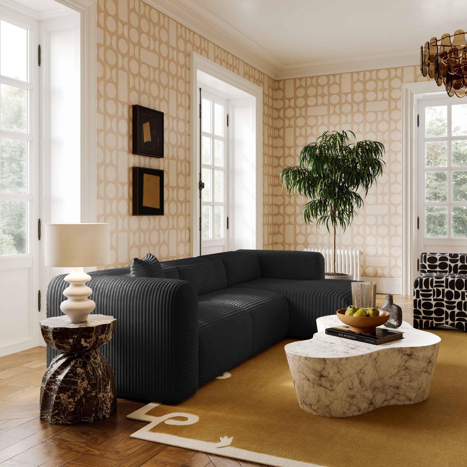 Tarra Fluffy Oversized Black Corduroy Modular LAF Corner Chair - Image 2