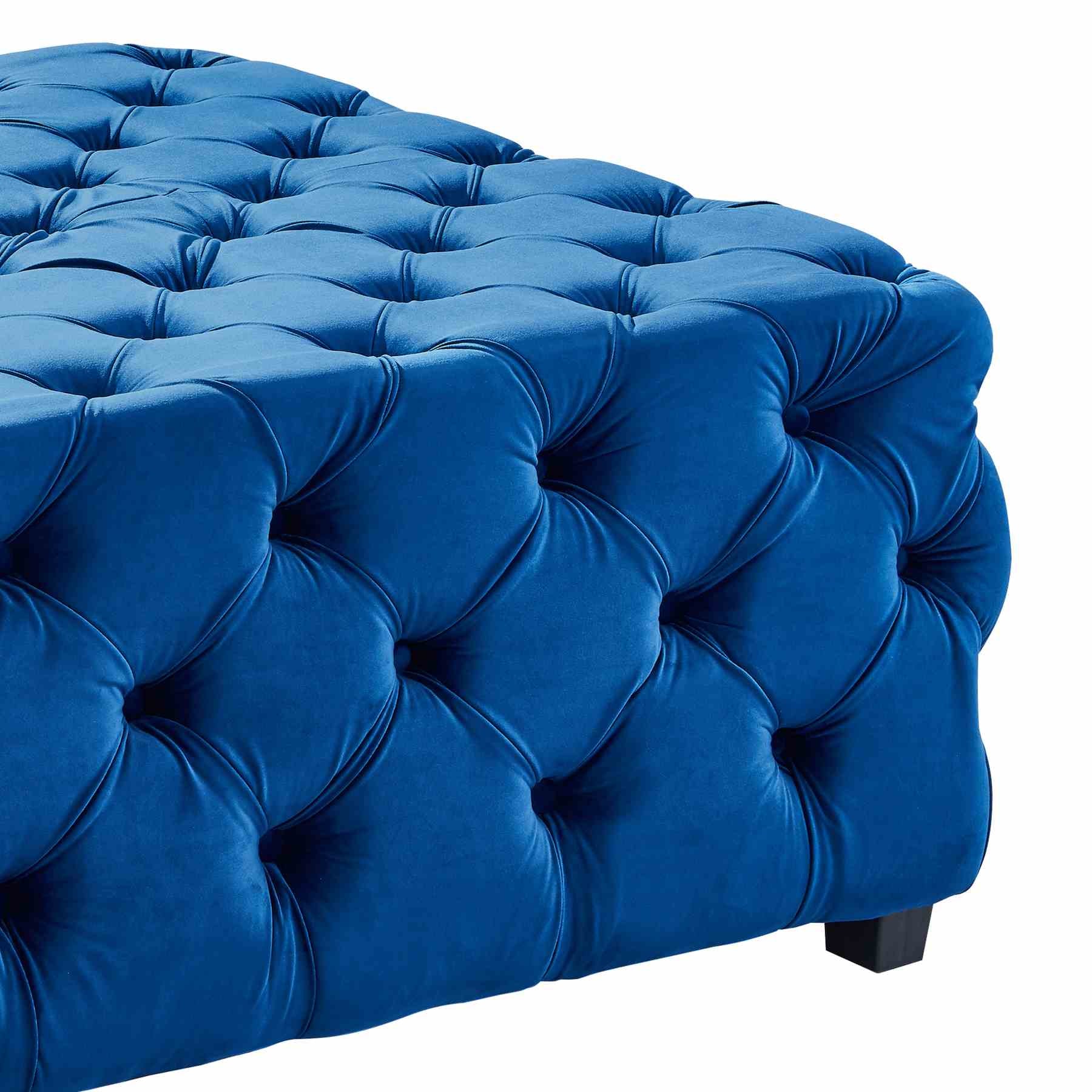 Taurus Contemporary Ottoman in Blue Velvet with Wood Legs - Image 2