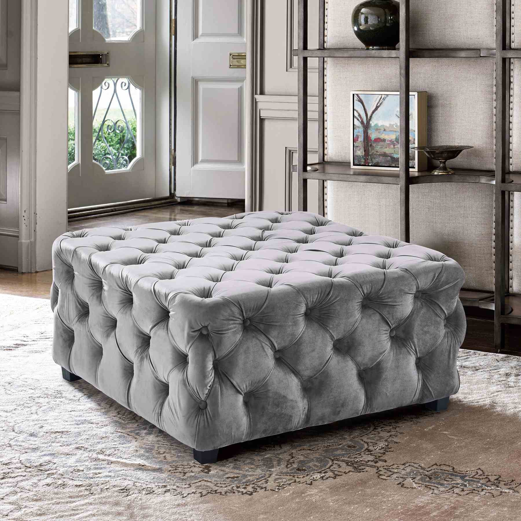 Taurus Contemporary Ottoman in Gray Velvet with Wood Legs - Image 3