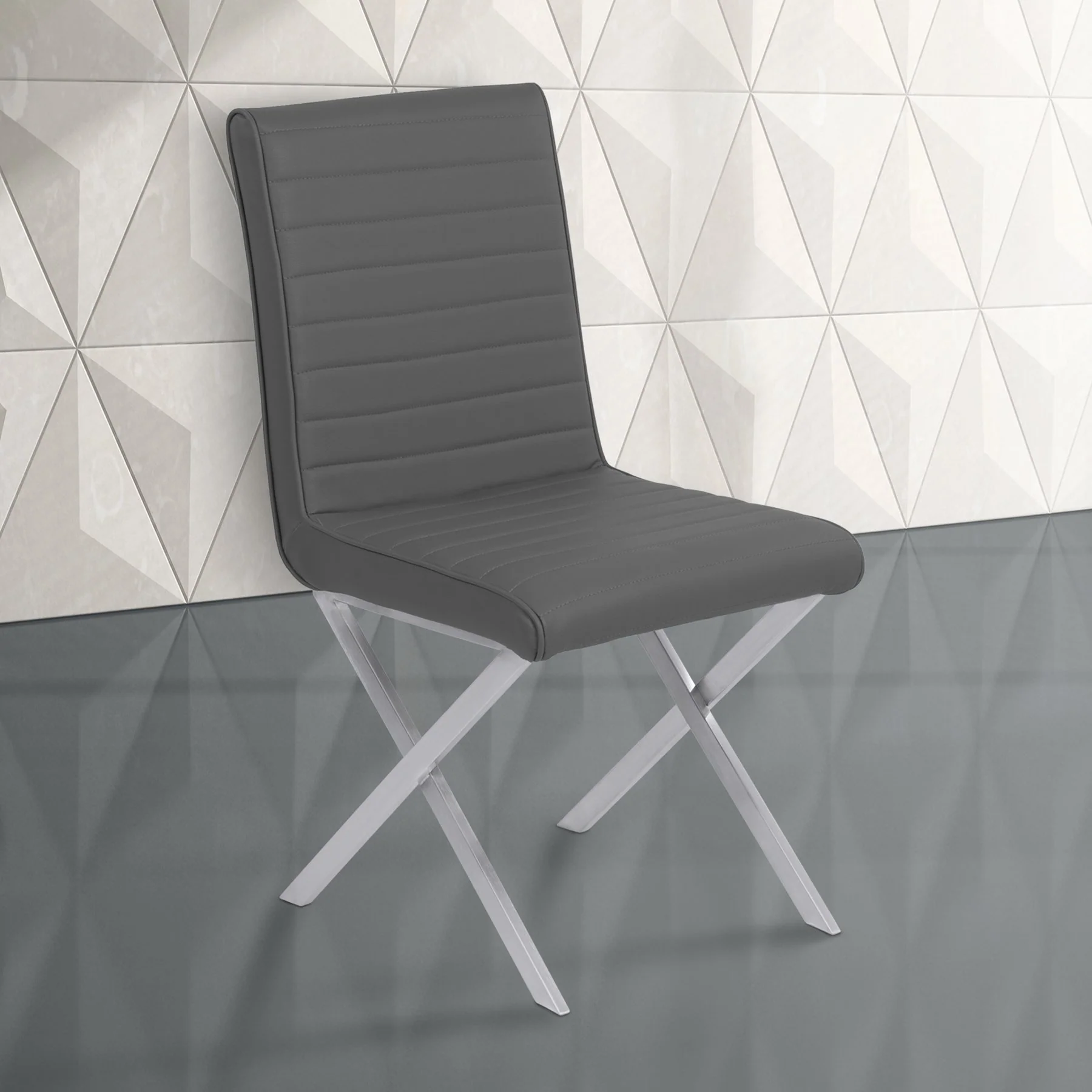 Tempe Contemporary Dining Chair in Gray Faux Leather with Brushed Stainless Steel Finish - Set of 2 - Image 7