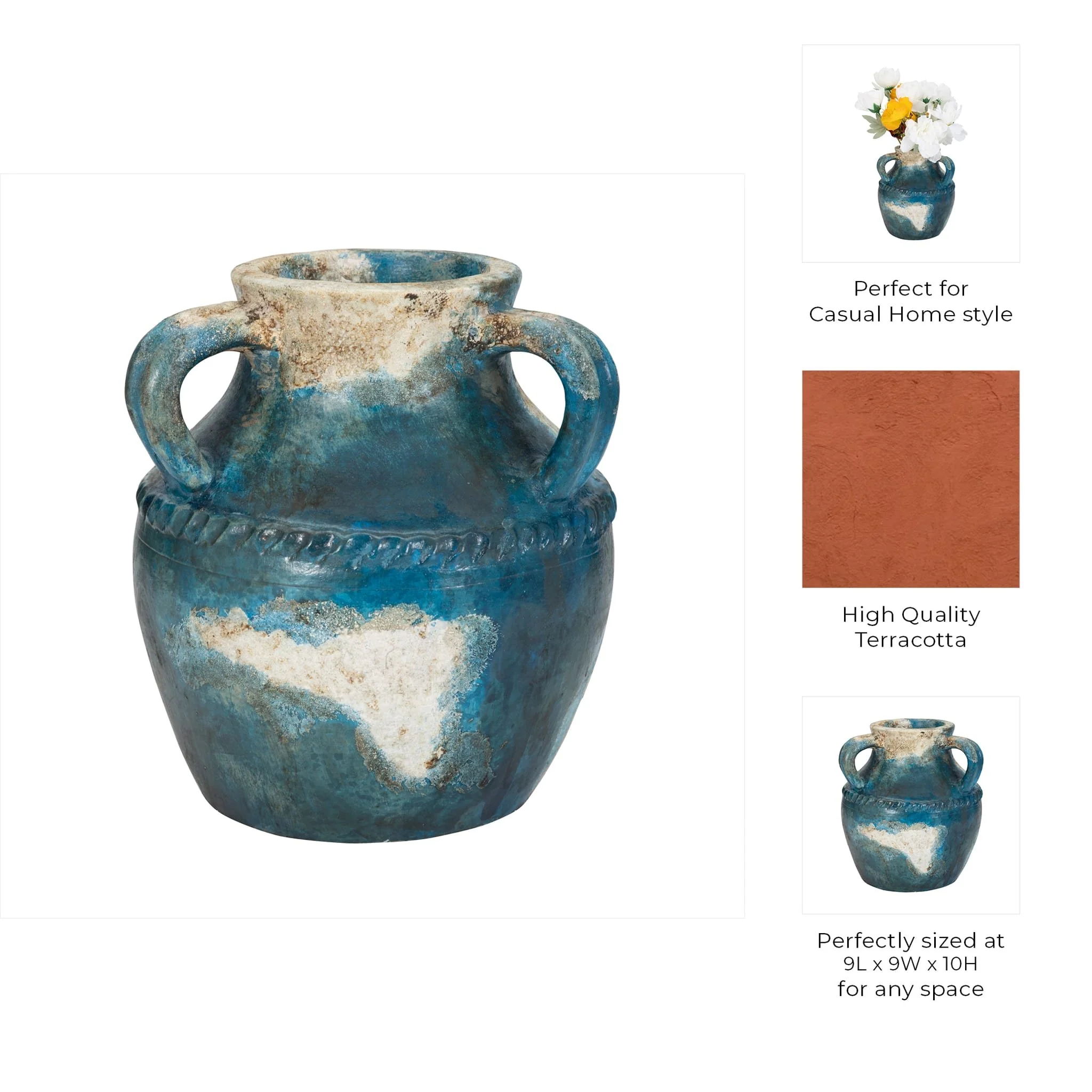 Terracotta, 10" Triple Handle Jug, Blue/ivory - Image 10