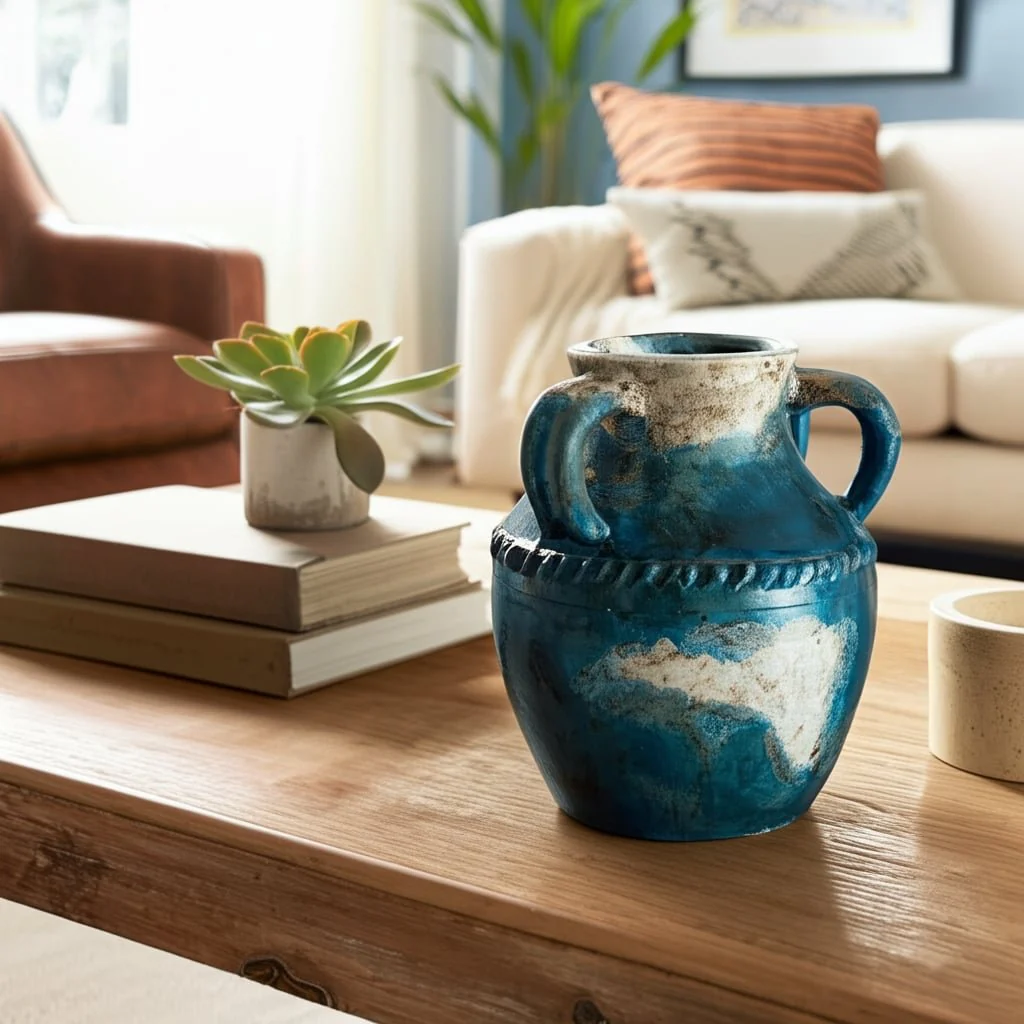 Terracotta, 10" Triple Handle Jug, Blue/ivory - Image 13