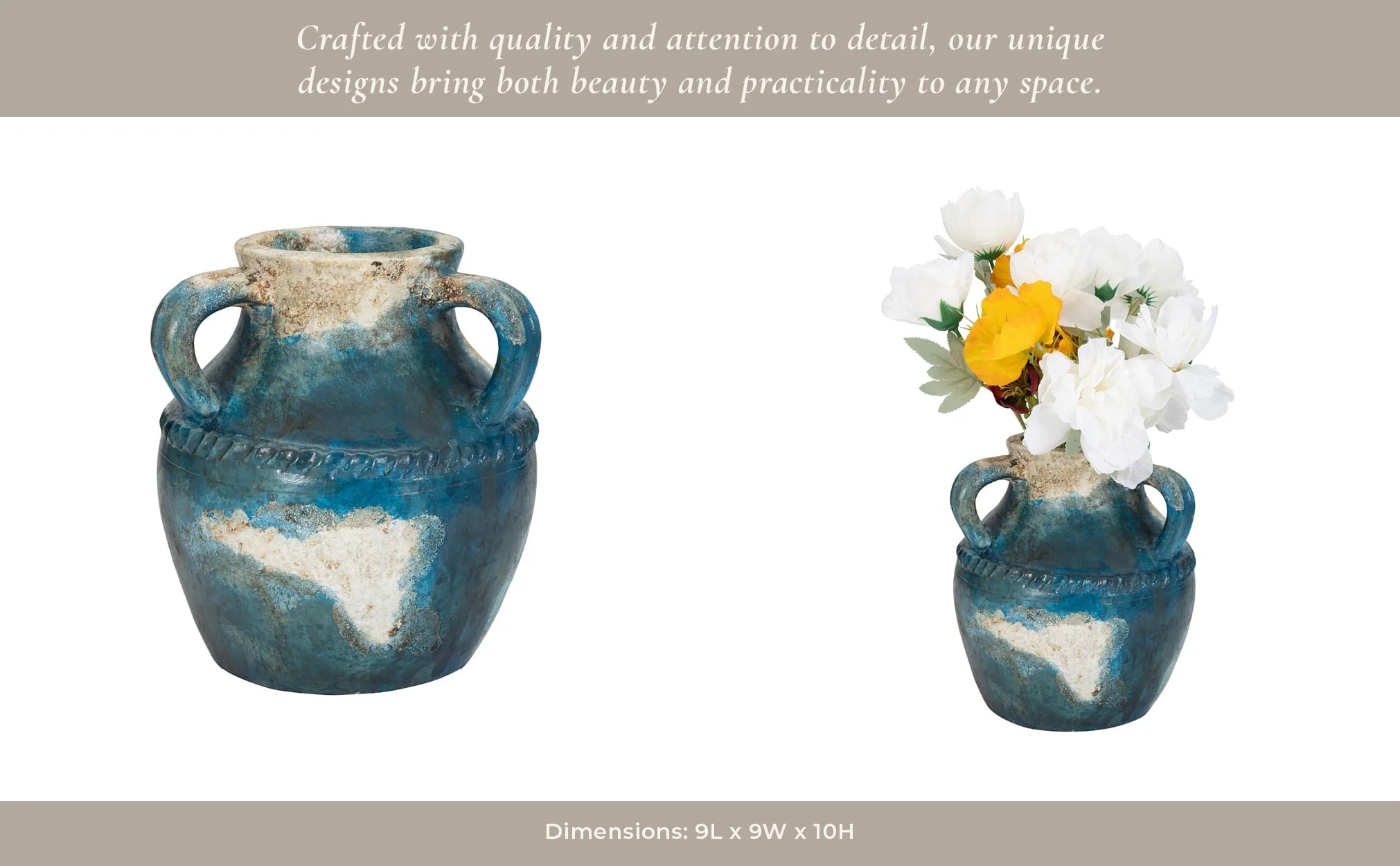 Terracotta, 10" Triple Handle Jug, Blue/ivory - Image 14