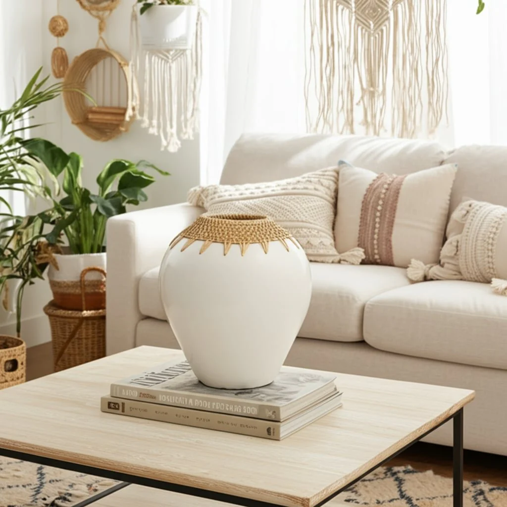 Terracotta, 10"h Vase, White/brown - Image 10