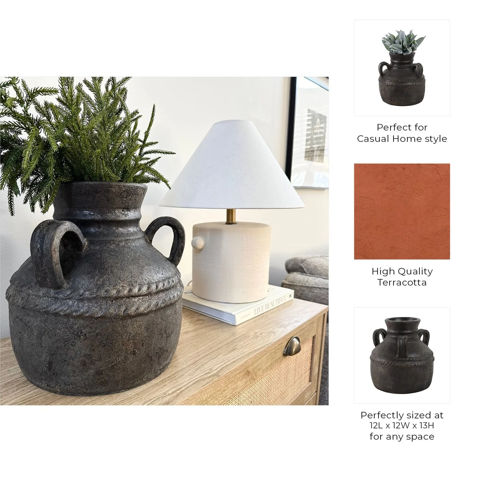 Terracotta, 12" Triple Handle Jug, Black - Image 9