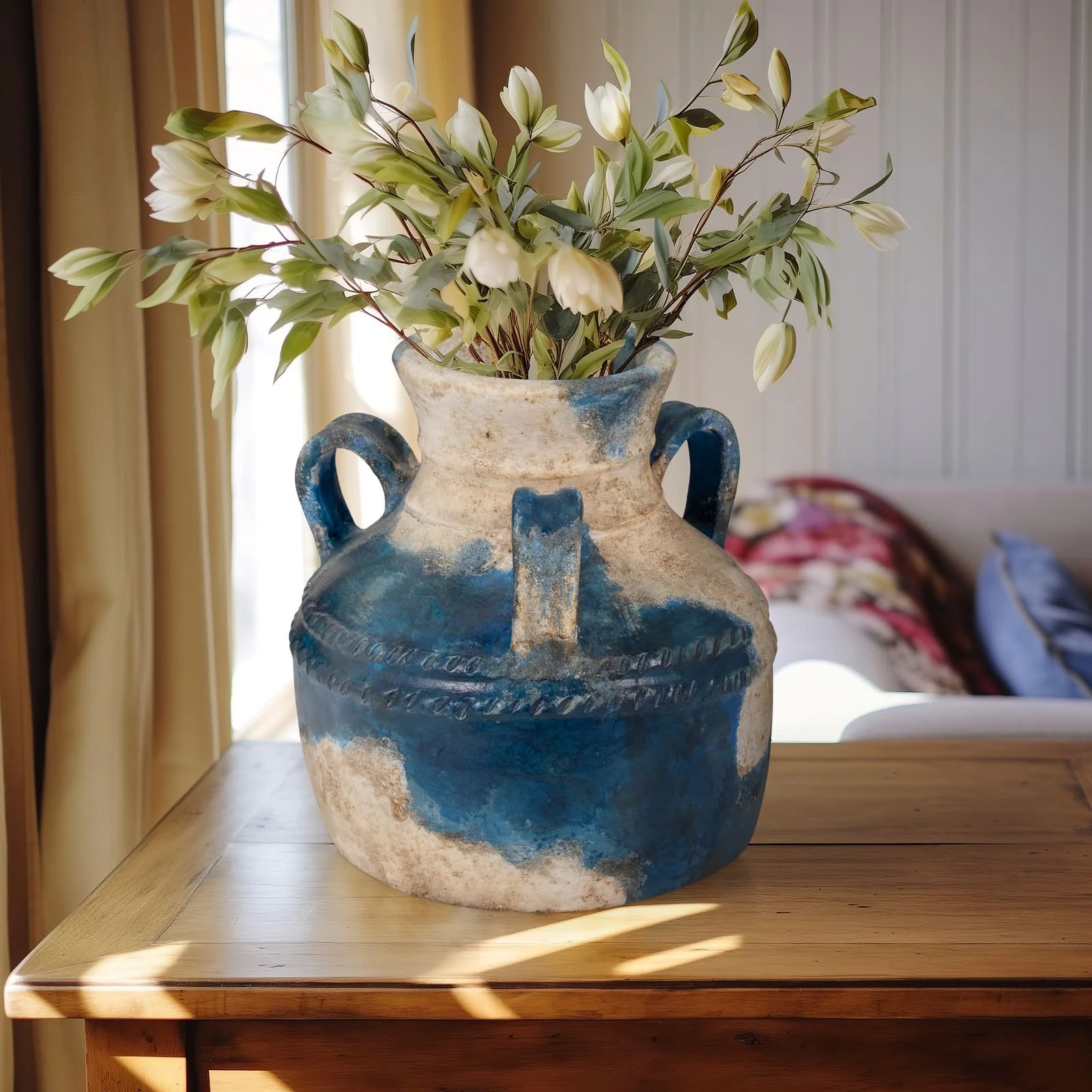 Terracotta, 12" Triple Handle Jug, Blue/ivory - Image 10