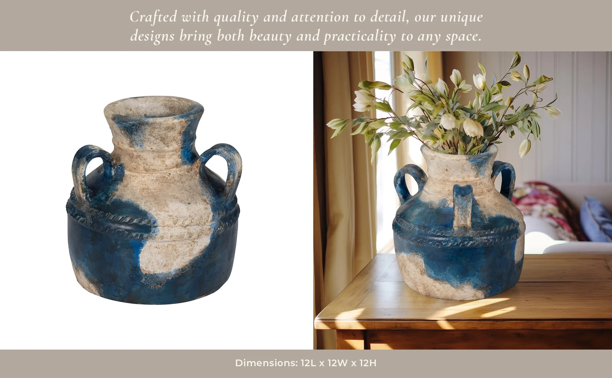 Terracotta, 12" Triple Handle Jug, Blue/ivory - Image 11