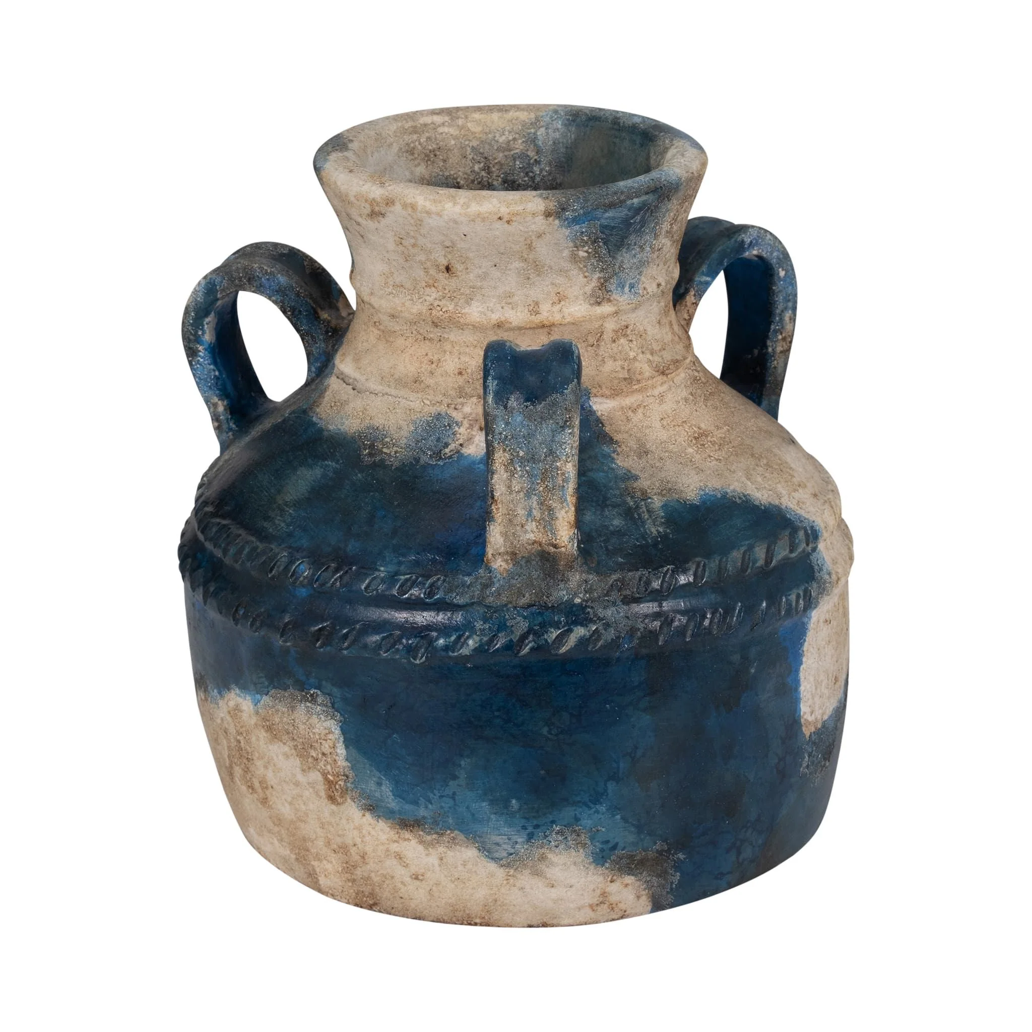 Terracotta, 12" Triple Handle Jug, Blue/ivory - Image 3