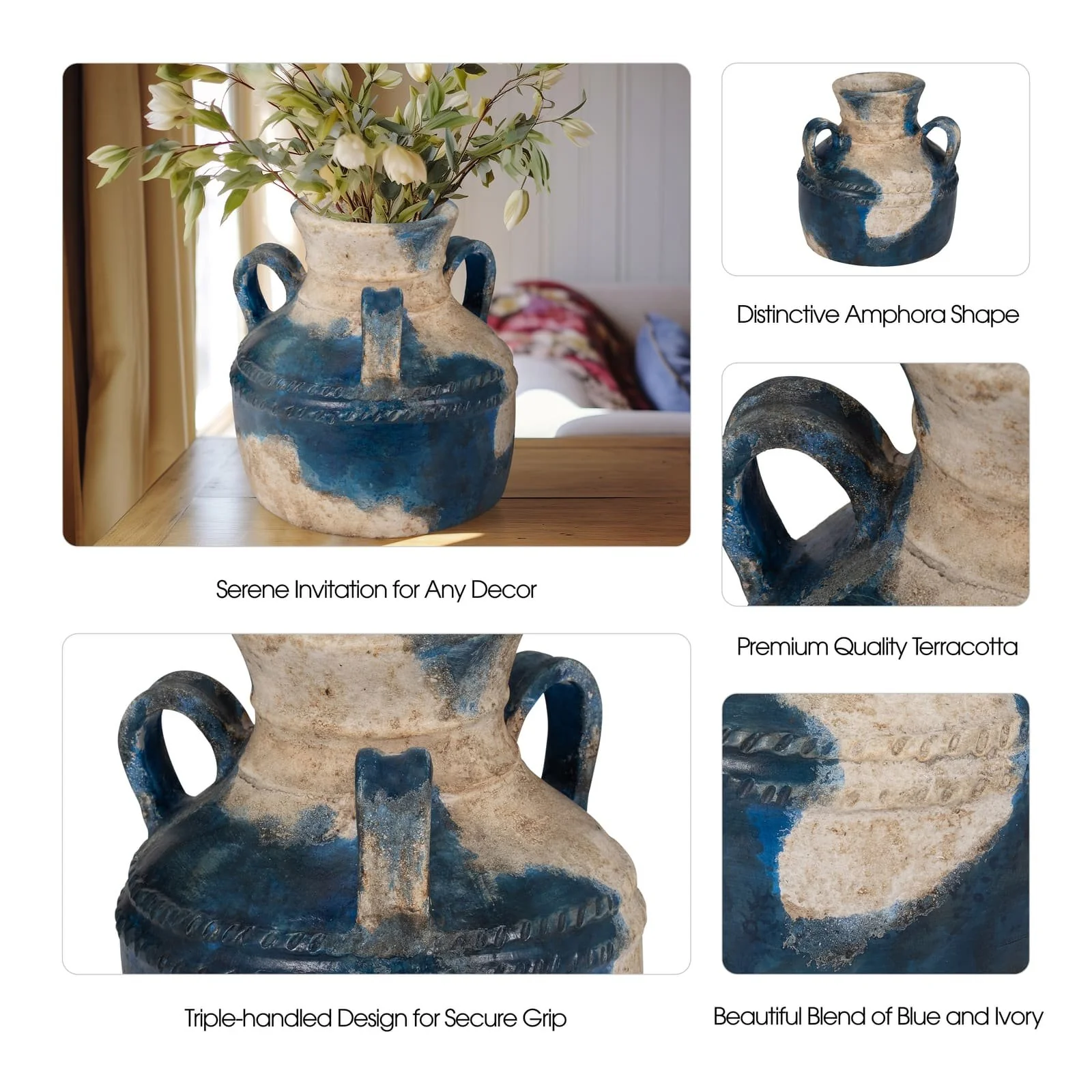 Terracotta, 12" Triple Handle Jug, Blue/ivory - Image 9