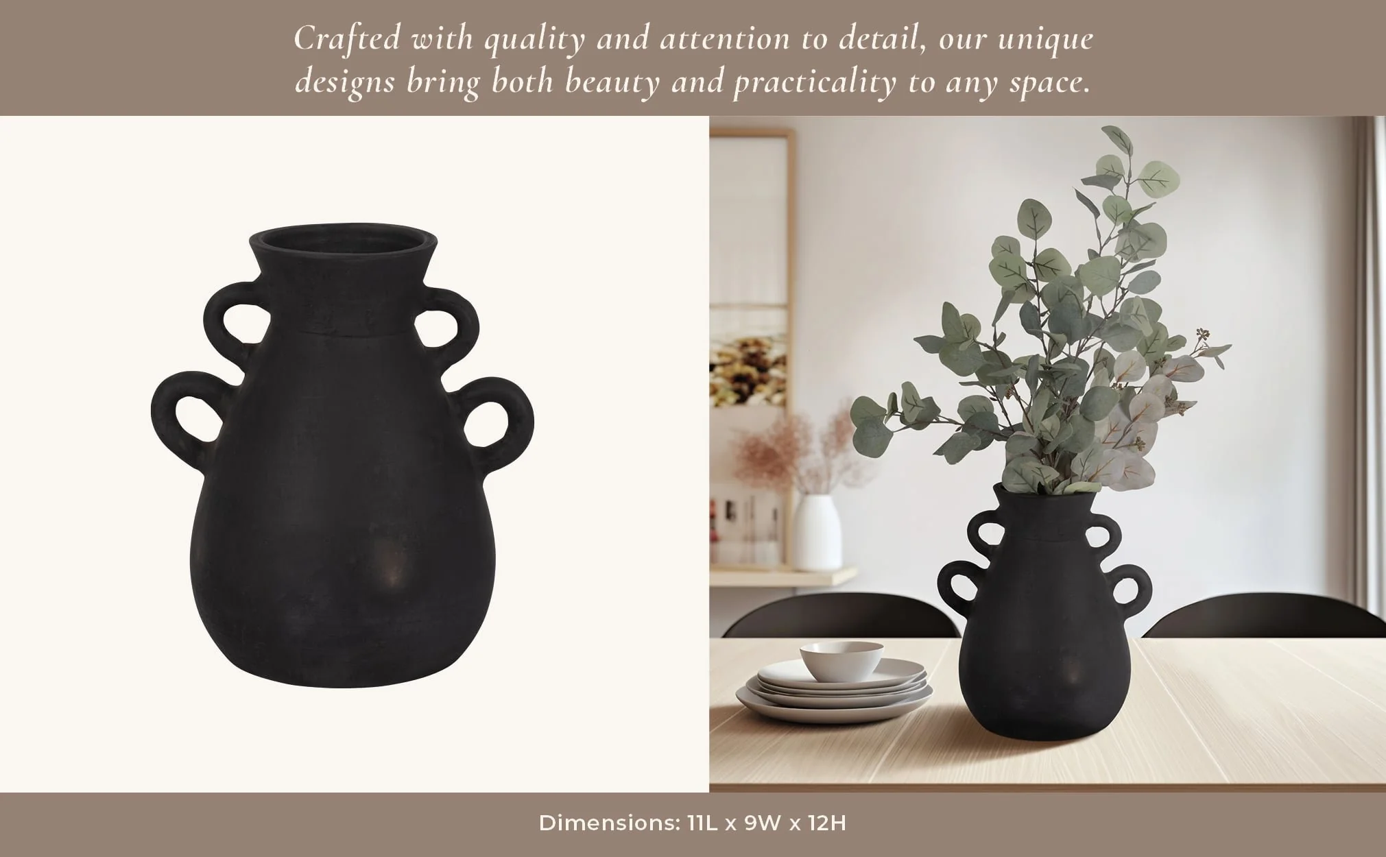Terracotta, 12" Vase With 4 Handles, Black - Image 11