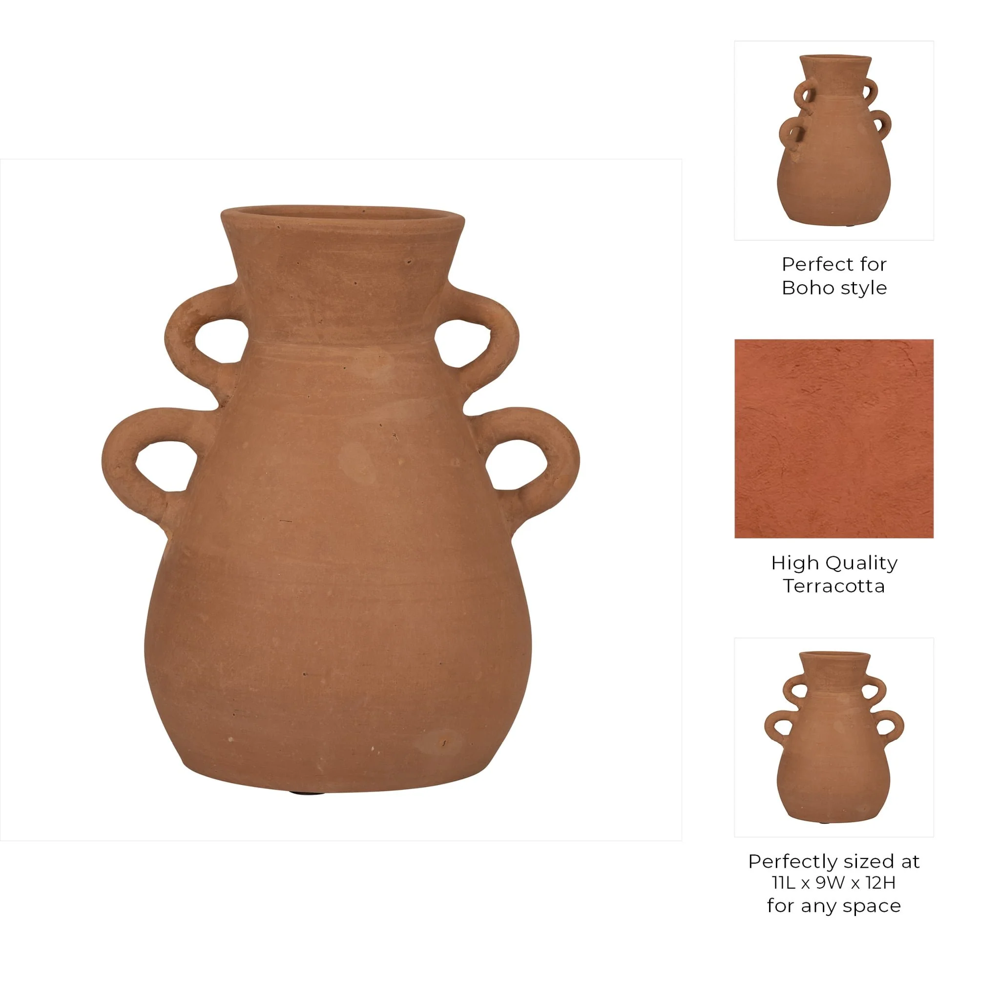 Terracotta, 12" Vase With 4 Handles, Natural - Image 9