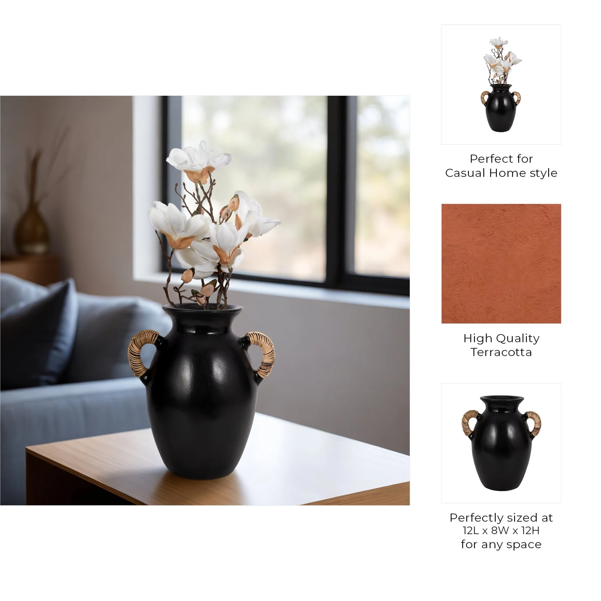 Terracotta, 12"h Eared Vase, Black - Image 10