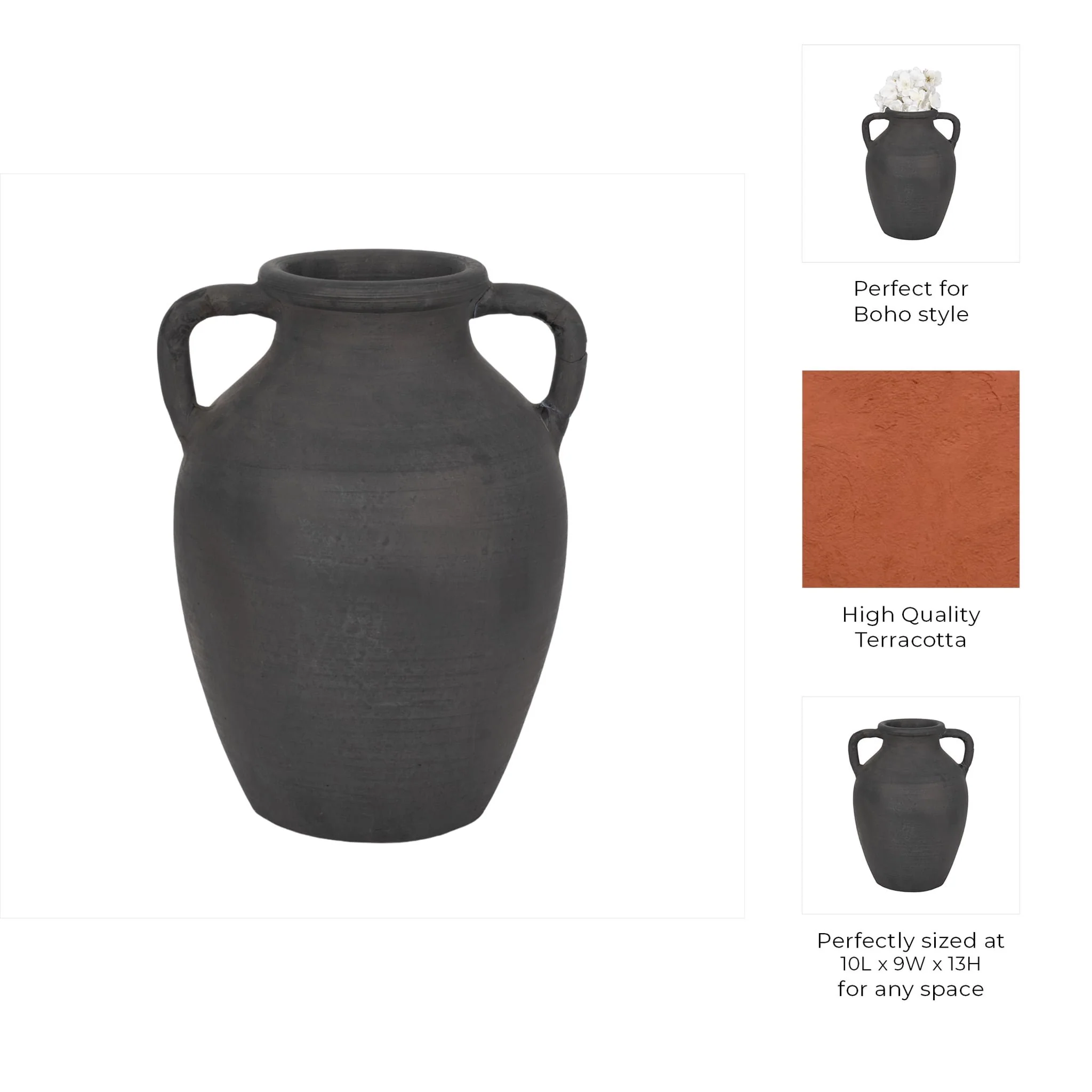 Terracotta, 13" Vase With Handles, Black - Image 9