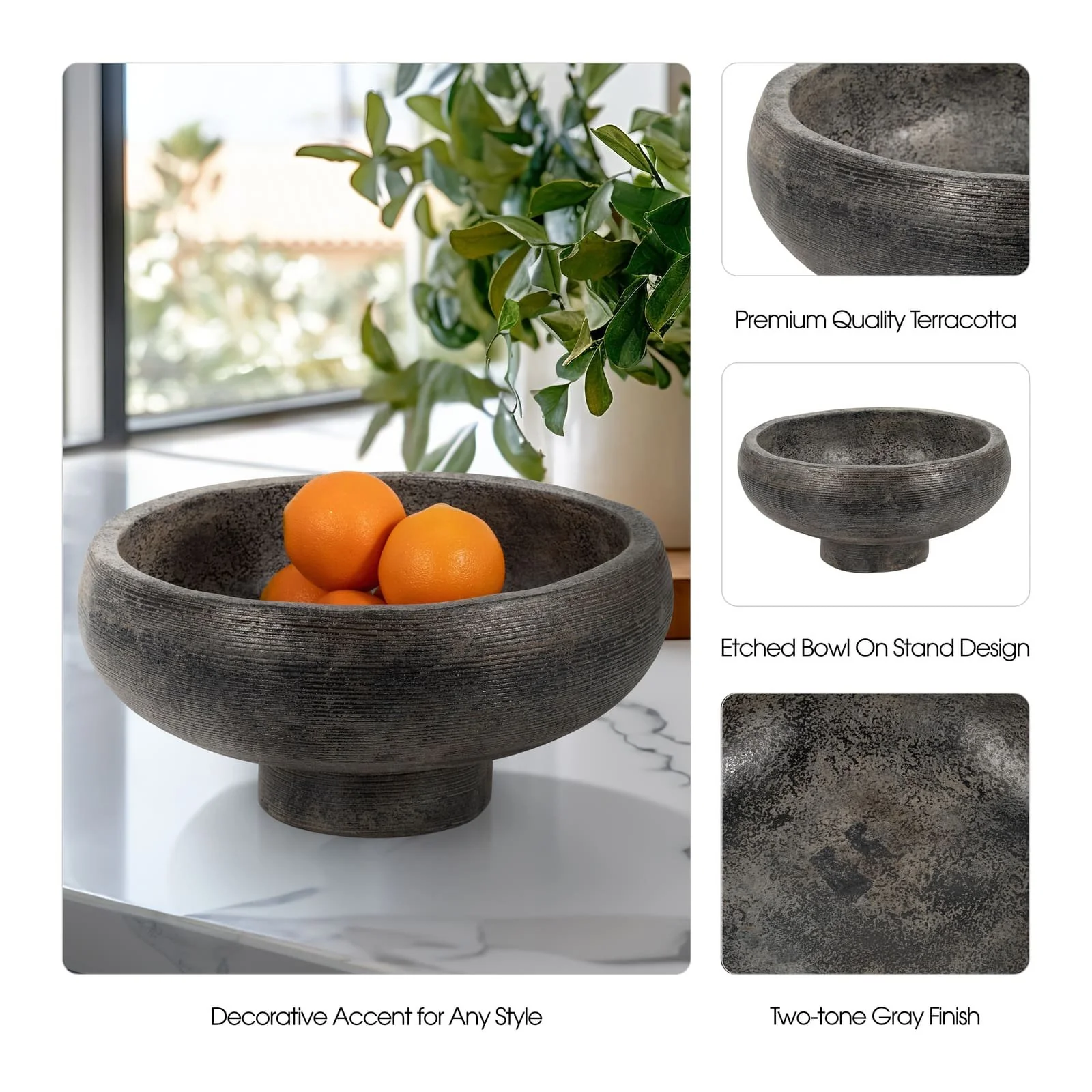 Terracotta, 14" Etched Bowl On Stand, Multi - Image 8