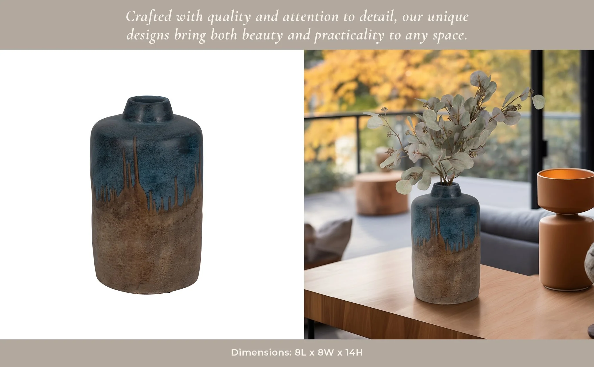 Terracotta, 14"h 2-tone Vase, Blue/ivory - Image 11