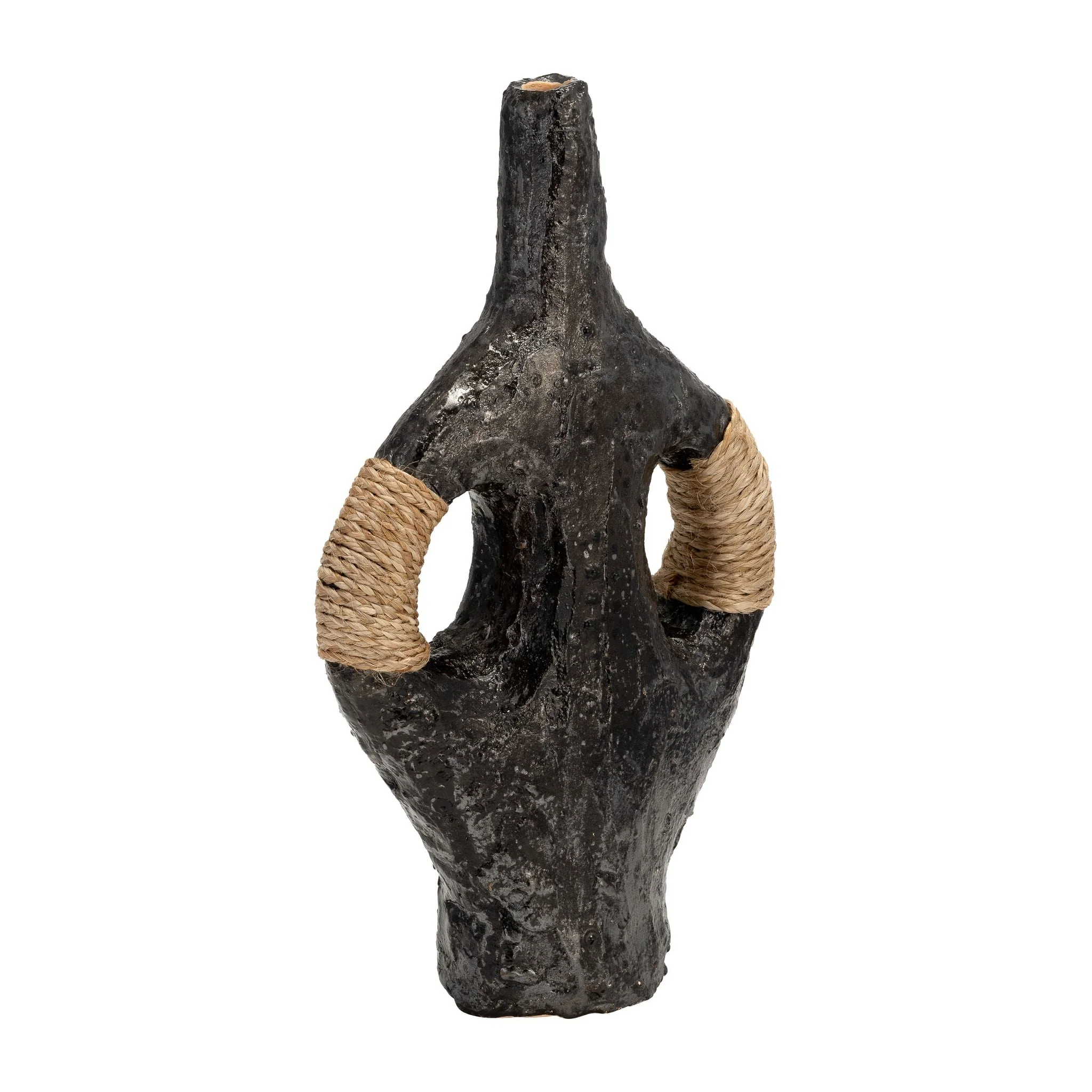 Terracotta 14"h, Double Handle W/twine Vase, Blk - Image 2