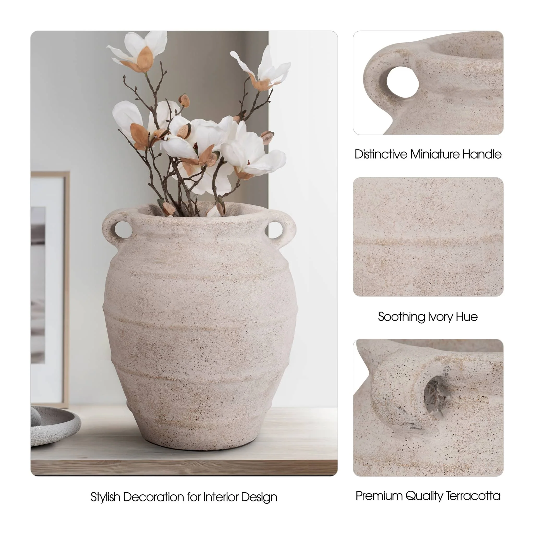 Terracotta, 16" Mini Handle Jug Vase, Ivory - Image 9