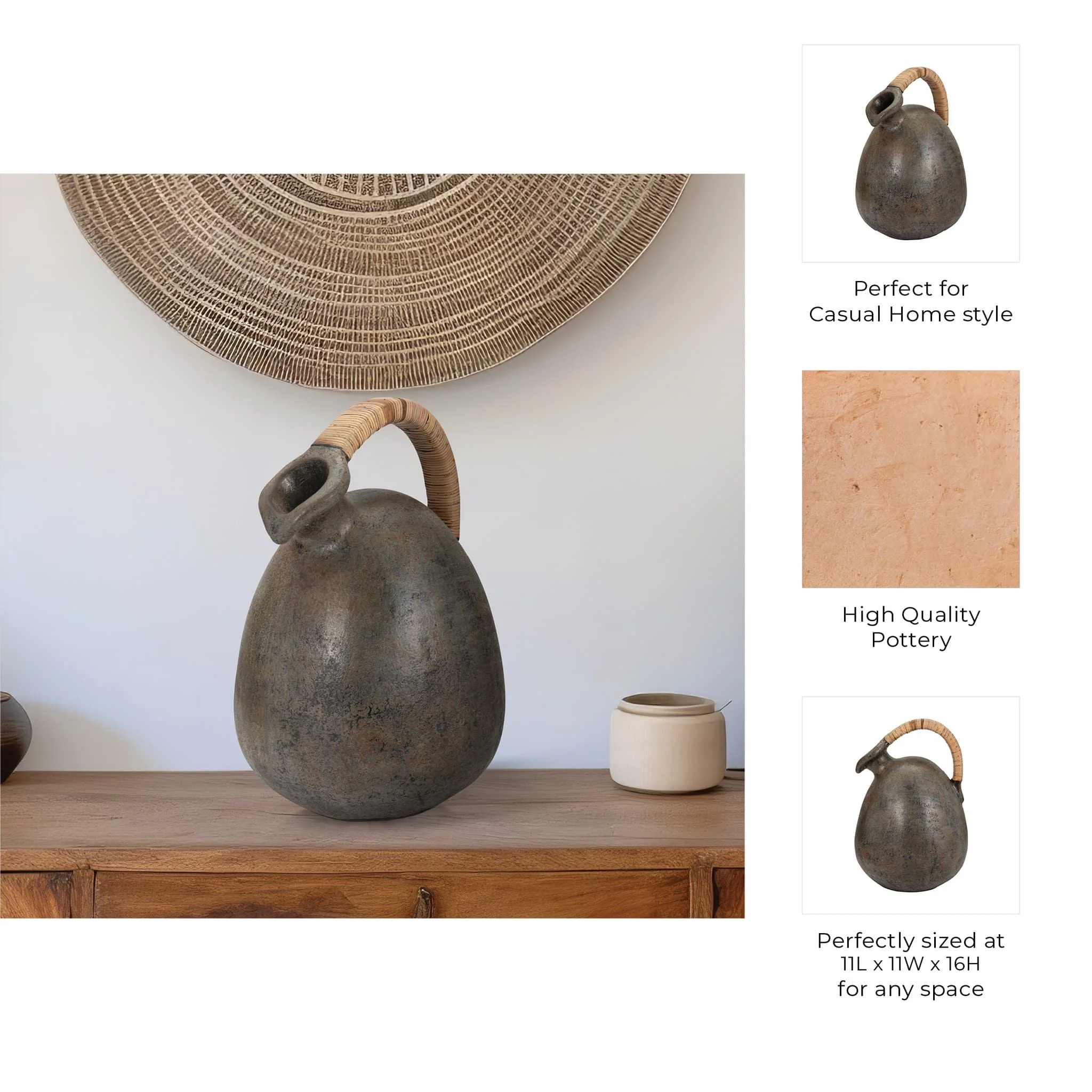 Terracotta, 16" Rustic Jug W/ Woven Handle, Multi - Image 10