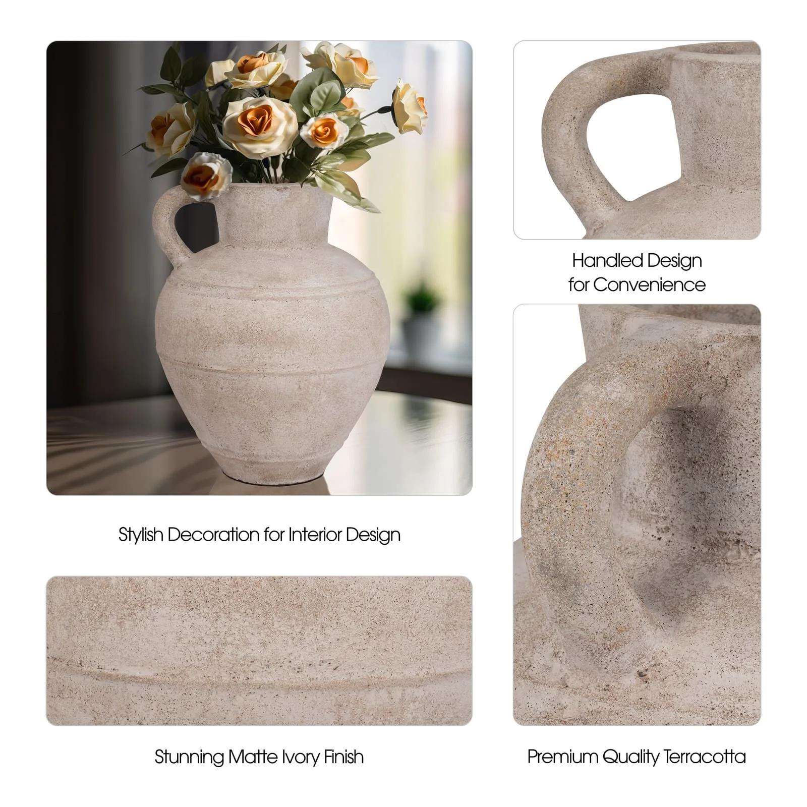 Terracotta, 22" Jug Vase W/ Handle, Ivory - Image 10