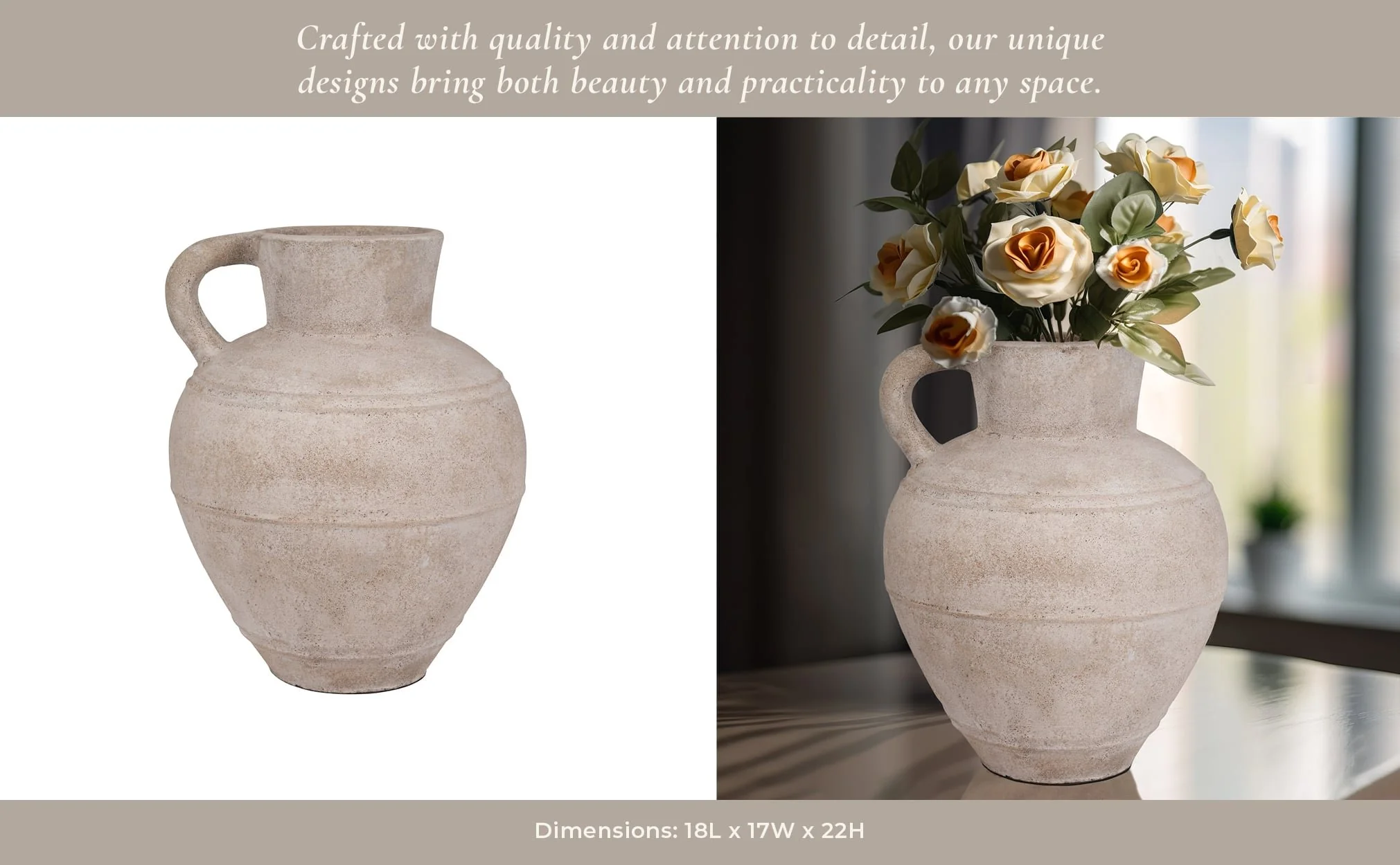 Terracotta, 22" Jug Vase W/ Handle, Ivory - Image 12