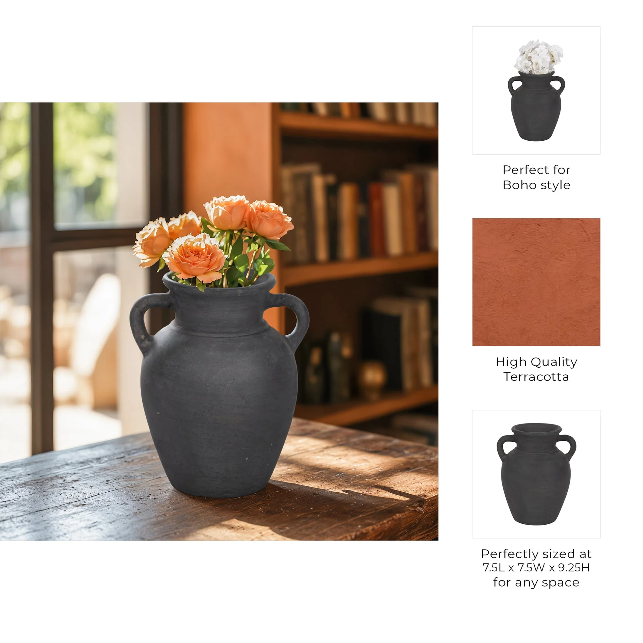 Terracotta, 9" Vase With Handles, Black - Image 9