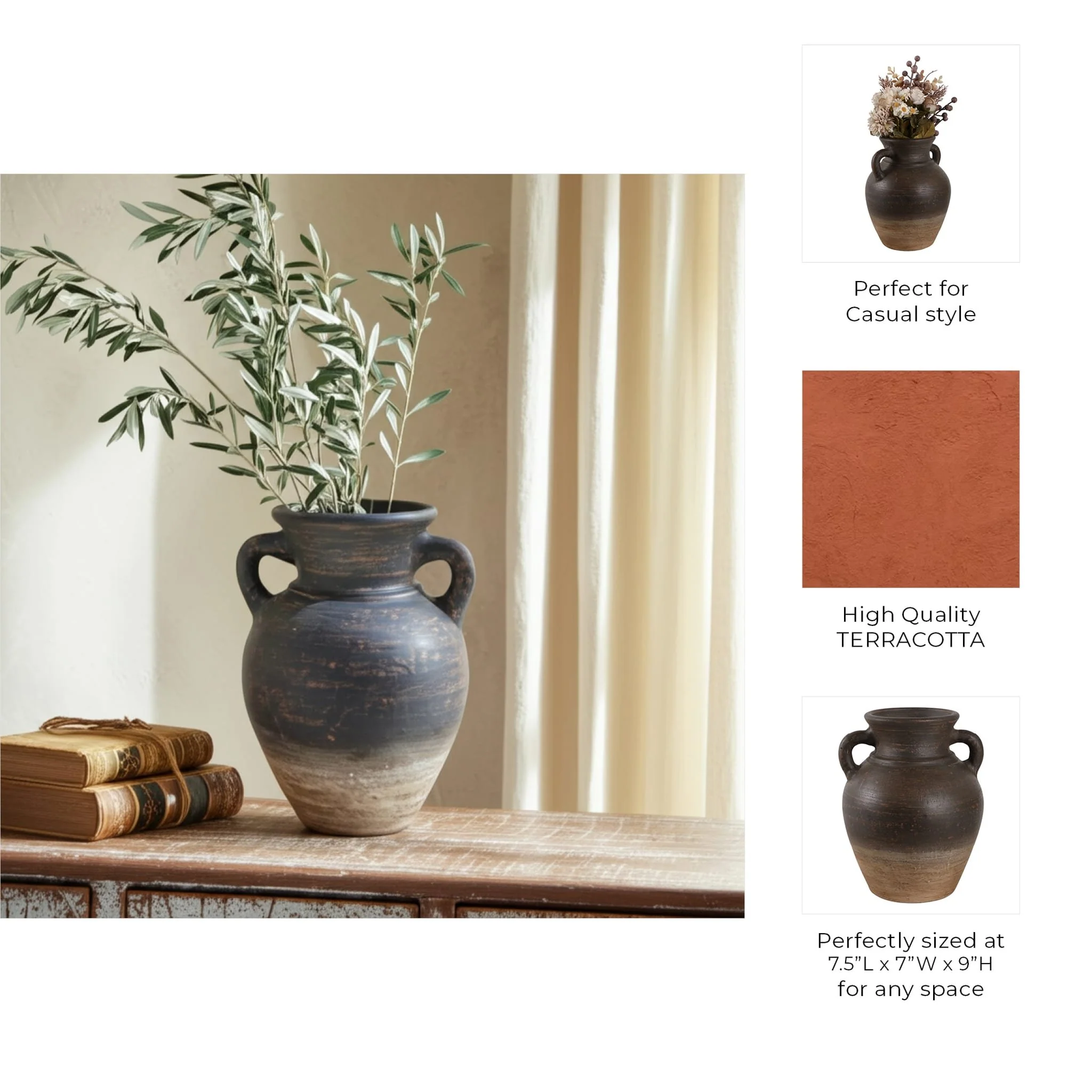 Terracotta, 9" Vase With Handles, Chcolate Brown - Image 9