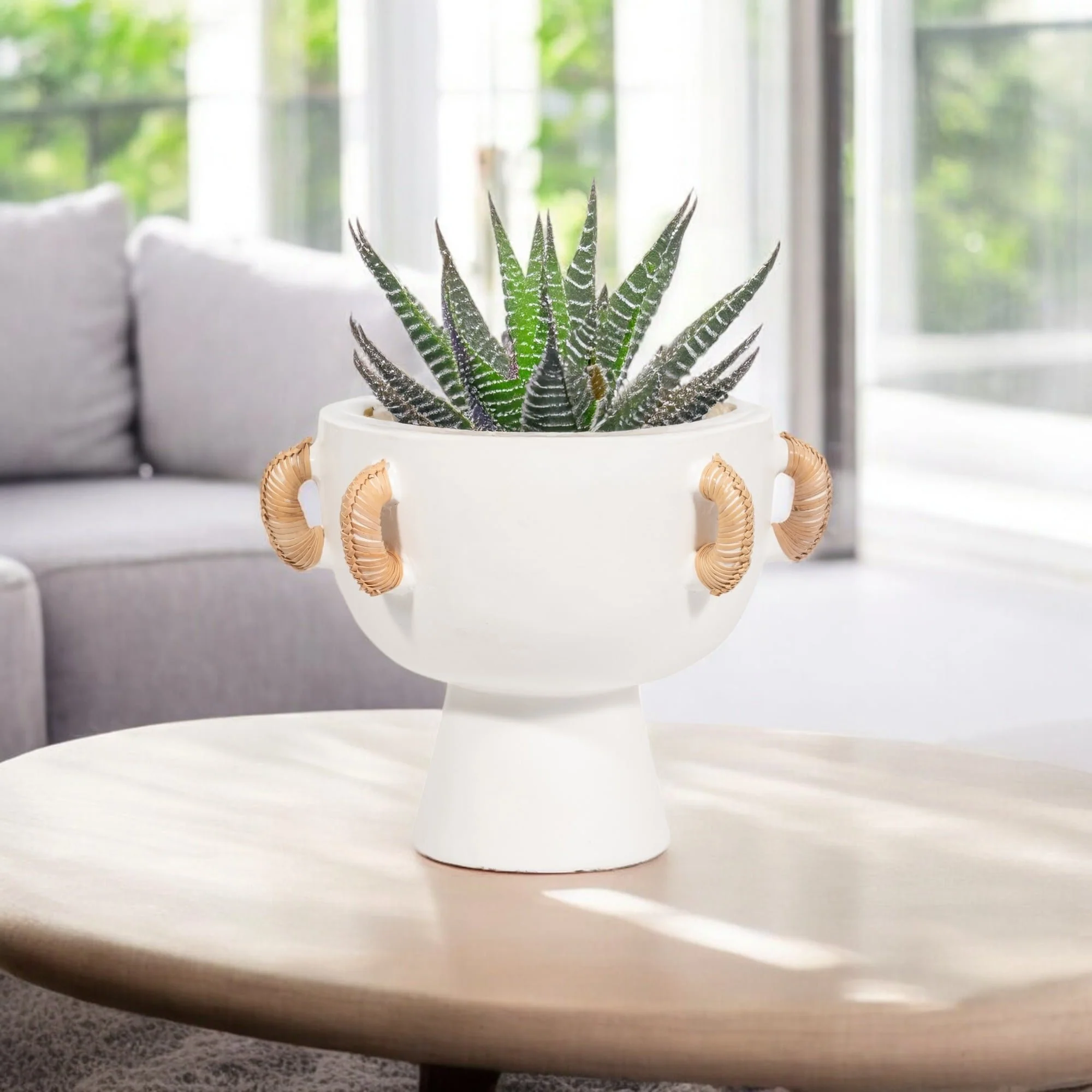 Terracotta, 9"h Eared Bowl On Stand Vase, White - Image 9