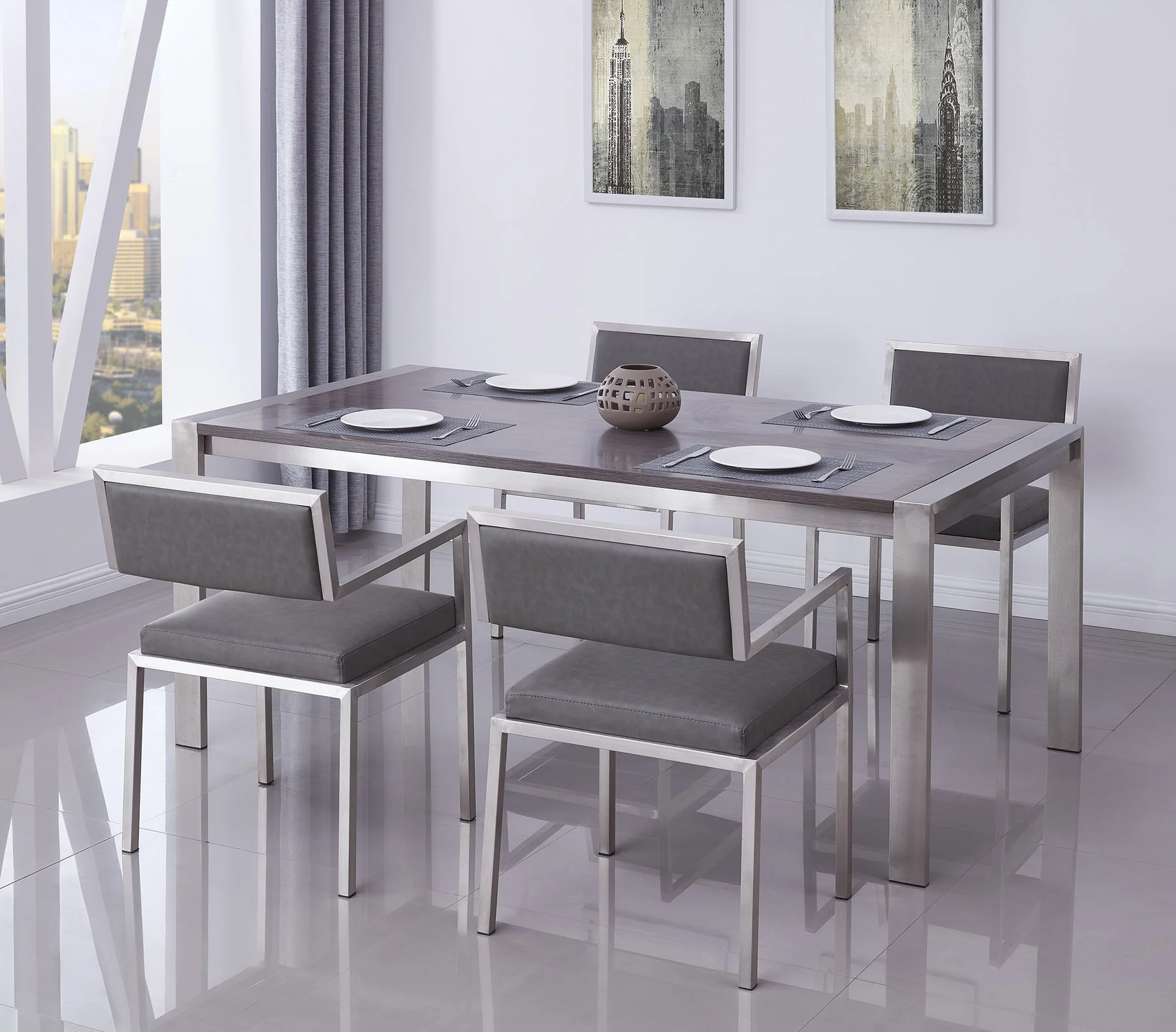 Tessa Contemporary Dining Table in Brushed Stainless Steel and Gray Walnut Top - Image 3
