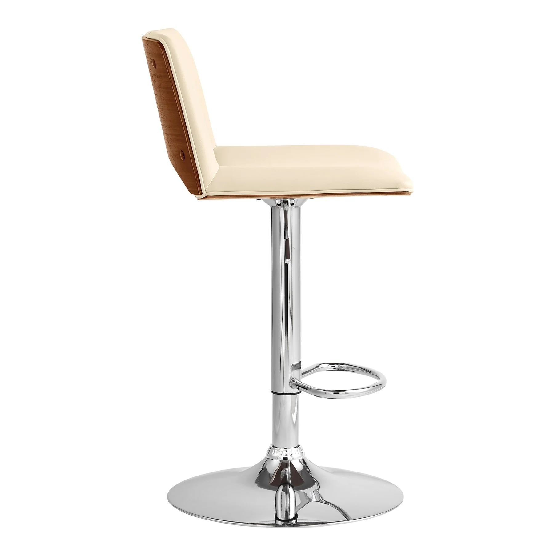 Thierry Adjustable Swivel Cream Faux Leather with Walnut Back and Chrome Bar Stool - Image 3