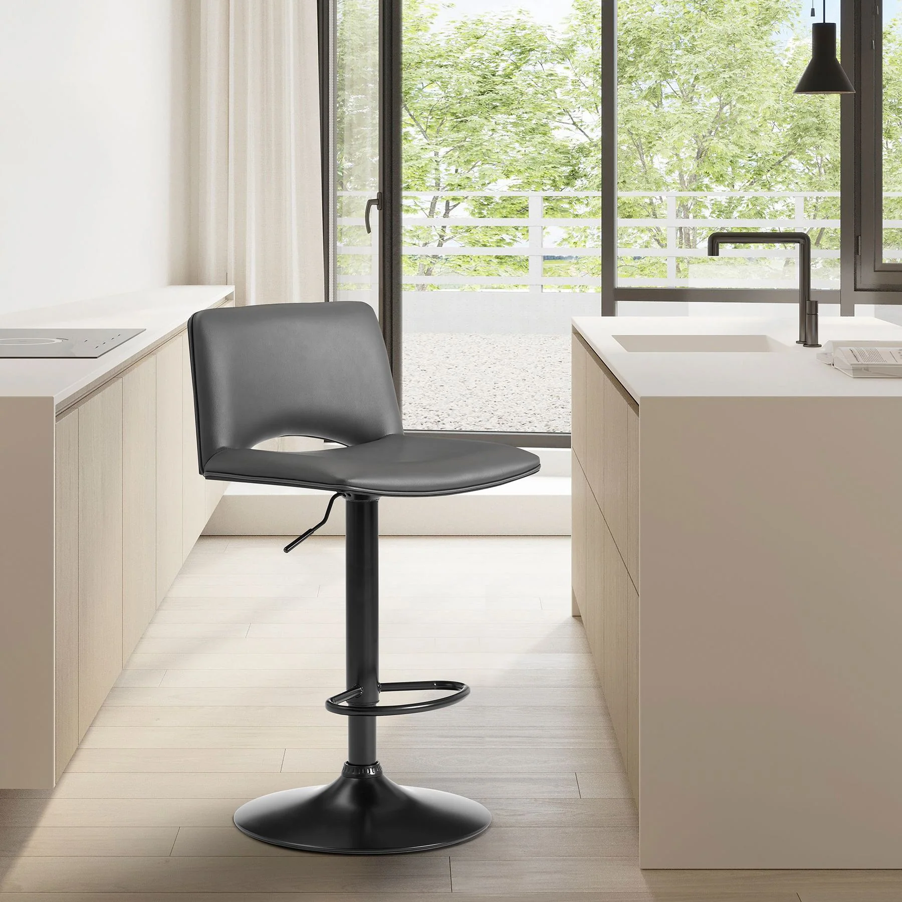 Thierry Adjustable Swivel Gray Faux Leather and Black Metal Bar Stool - Image 9