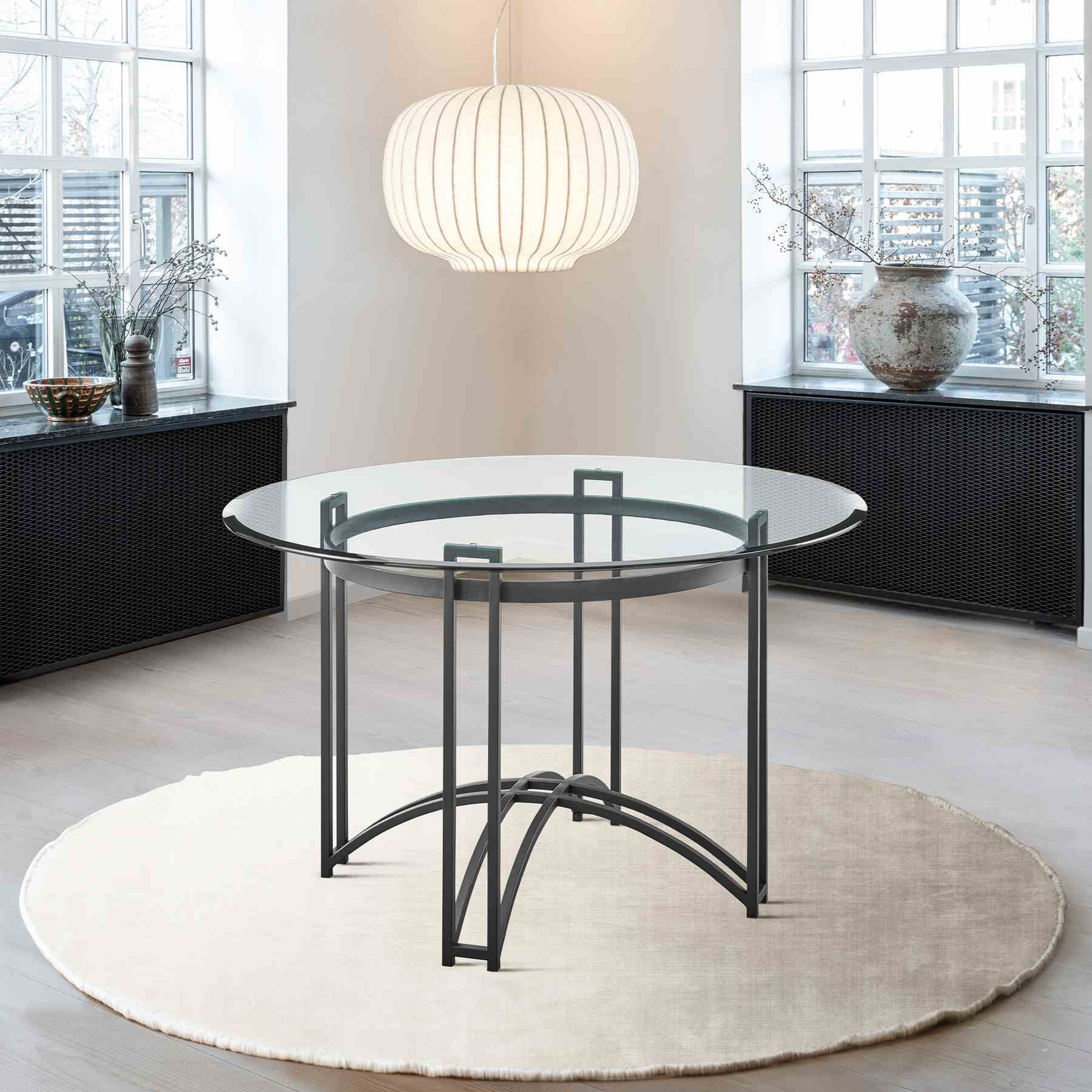 Tibet Contemporary Round Glass Dining Table with Matte Black Iron Base - Image 8