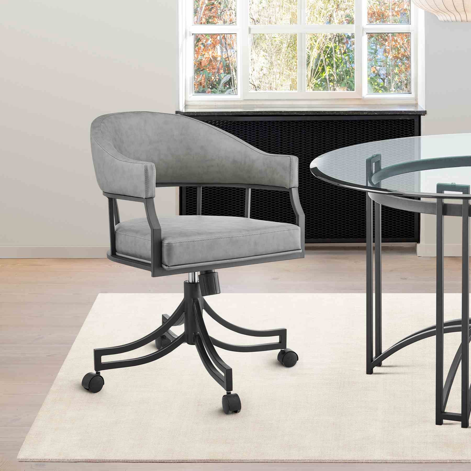 Tibet Swivel Tilt Rolling Dining Chair with Matte Black Iron and Vintage Gray Faux Leather - Image 11