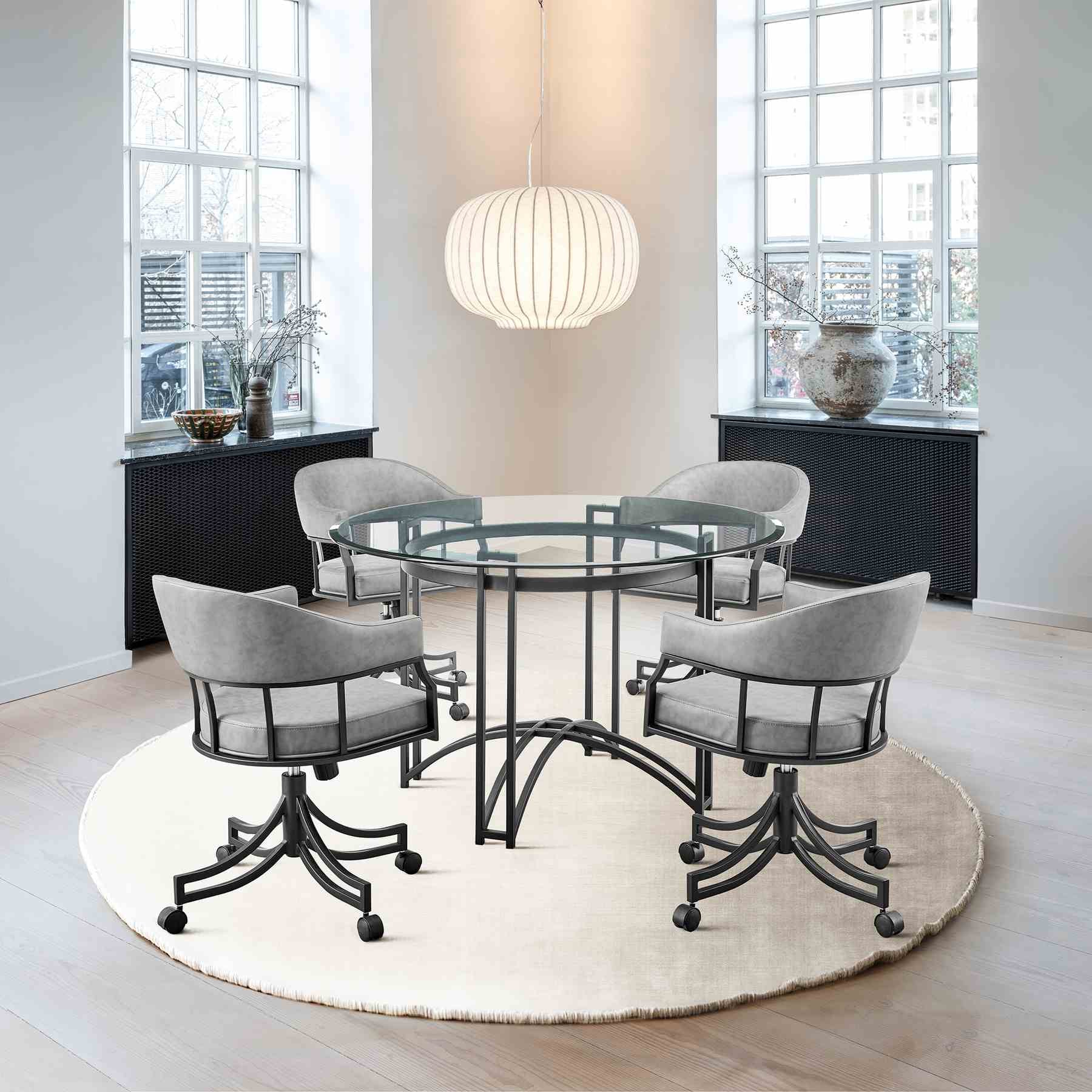 Tibet Swivel Tilt Rolling Dining Chair with Matte Black Iron and Vintage Gray Faux Leather - Image 12