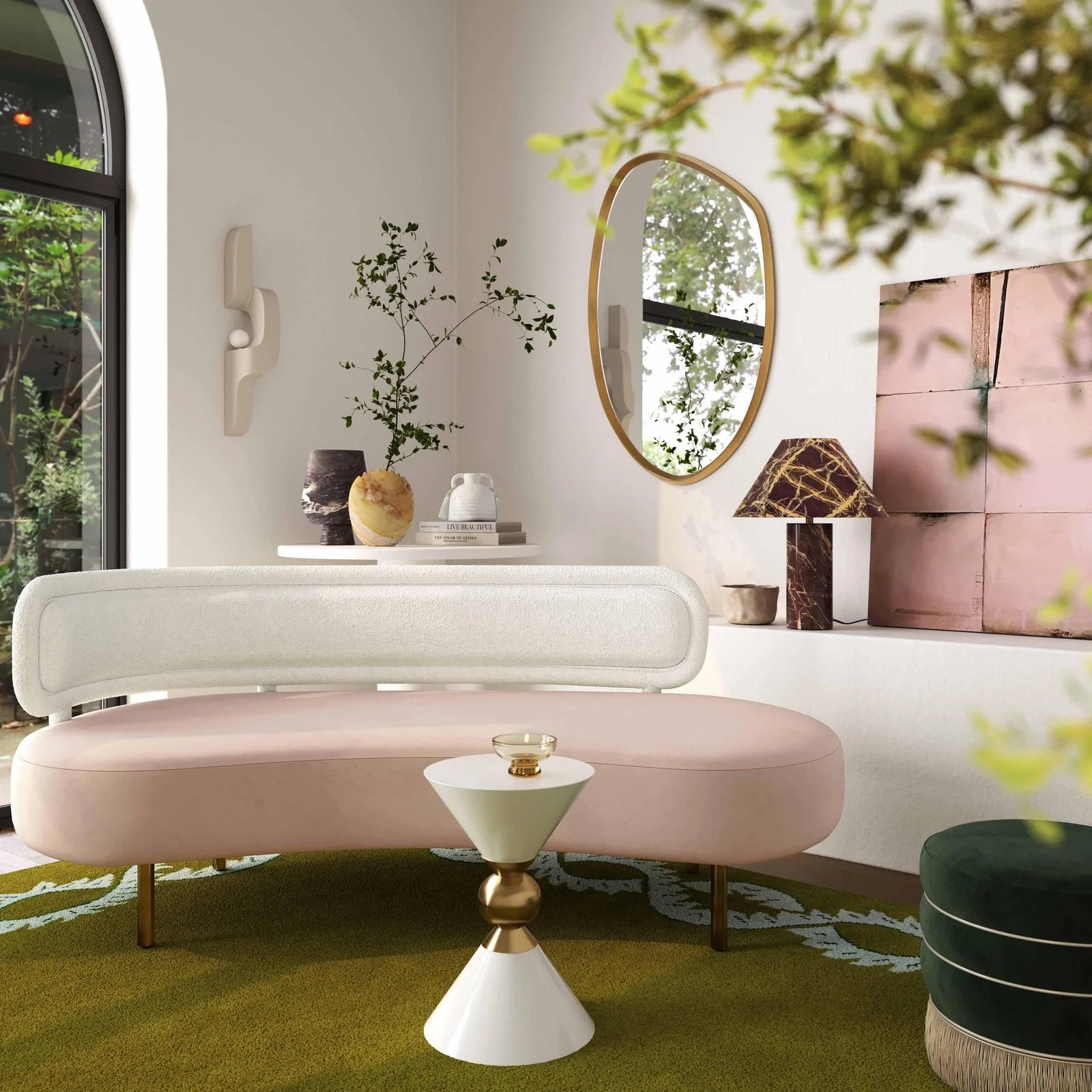 Tischa Cream Boucle & Blush Velvet Sofa - Image 2