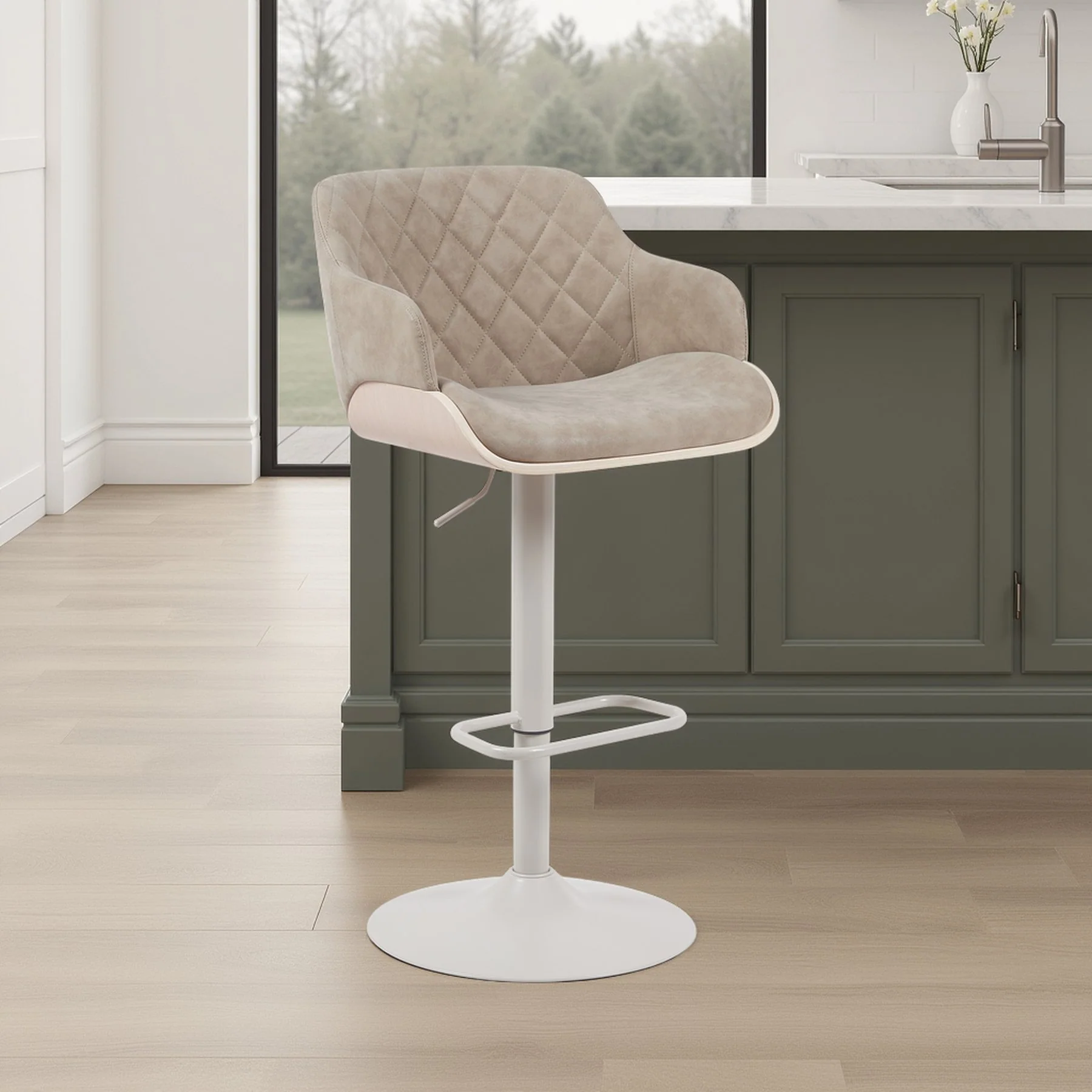 Toby Adjustable Swivel Barstool in Ivory Finish with Vintage Taupe Upholstered Seat and Pale Wood Accents - Image 7