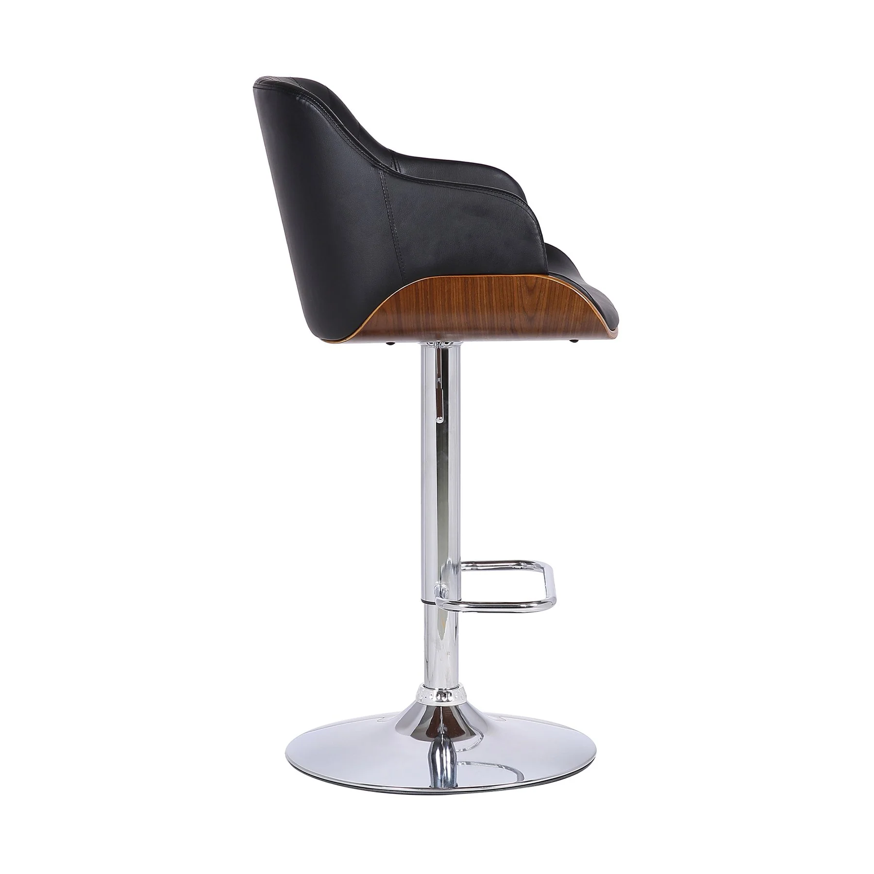 Toby Black Faux Leather Adjustable Height Swivel Walnut Wood and Chrome Bar Stool - Image 3