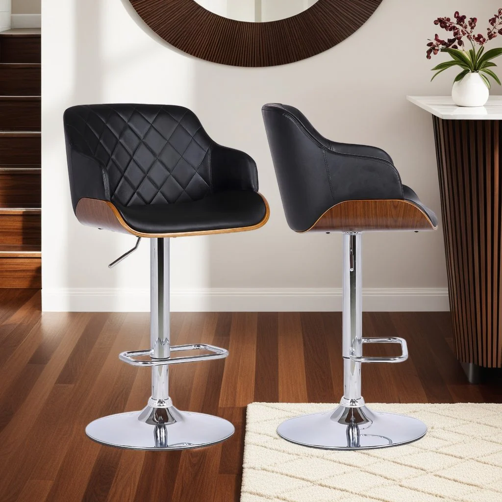 Toby Black Faux Leather Adjustable Height Swivel Walnut Wood and Chrome Bar Stool - Image 6