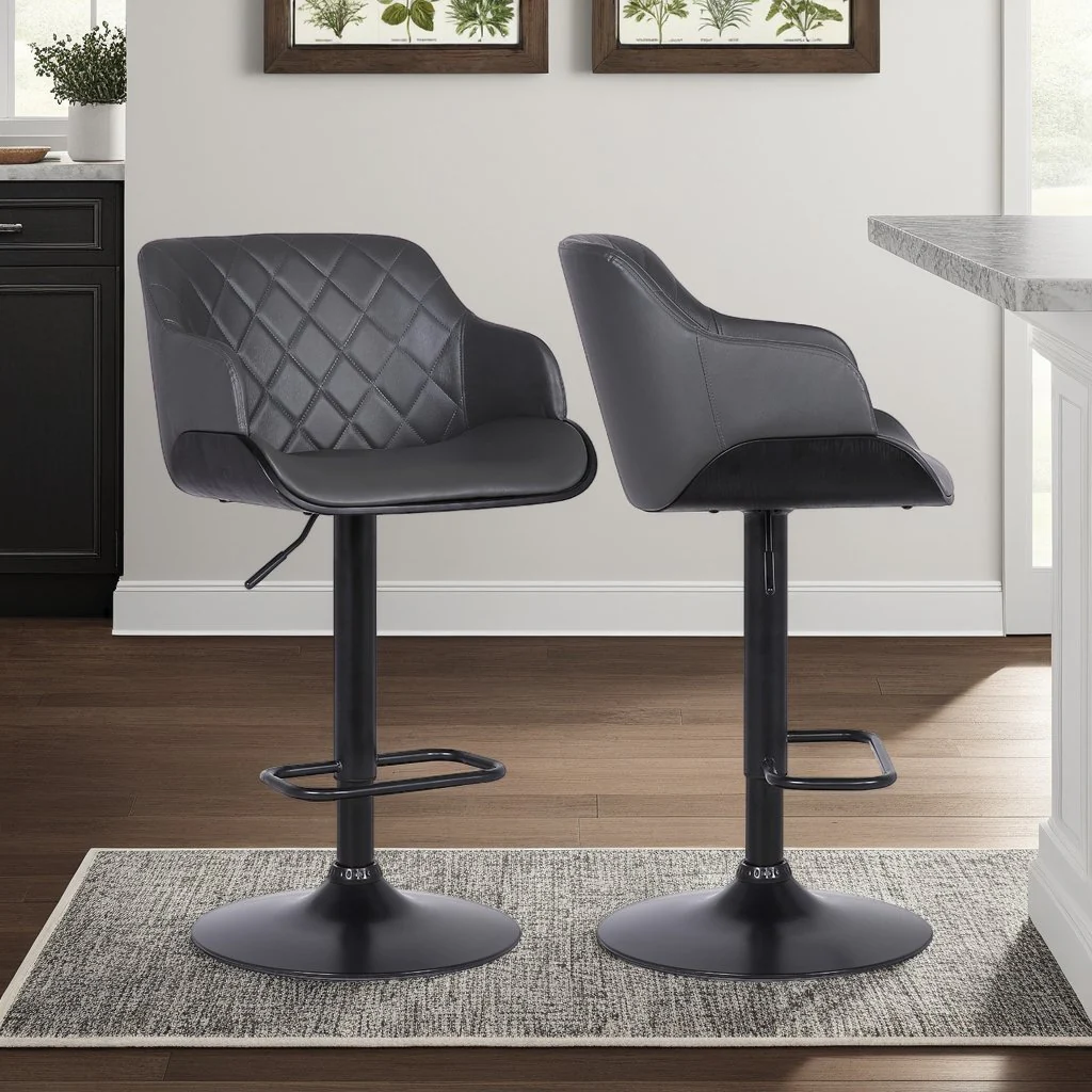 Toby Gray Faux Leather Adjustable Height Swivel Black Wood and Metal Bar Stool - Image 6