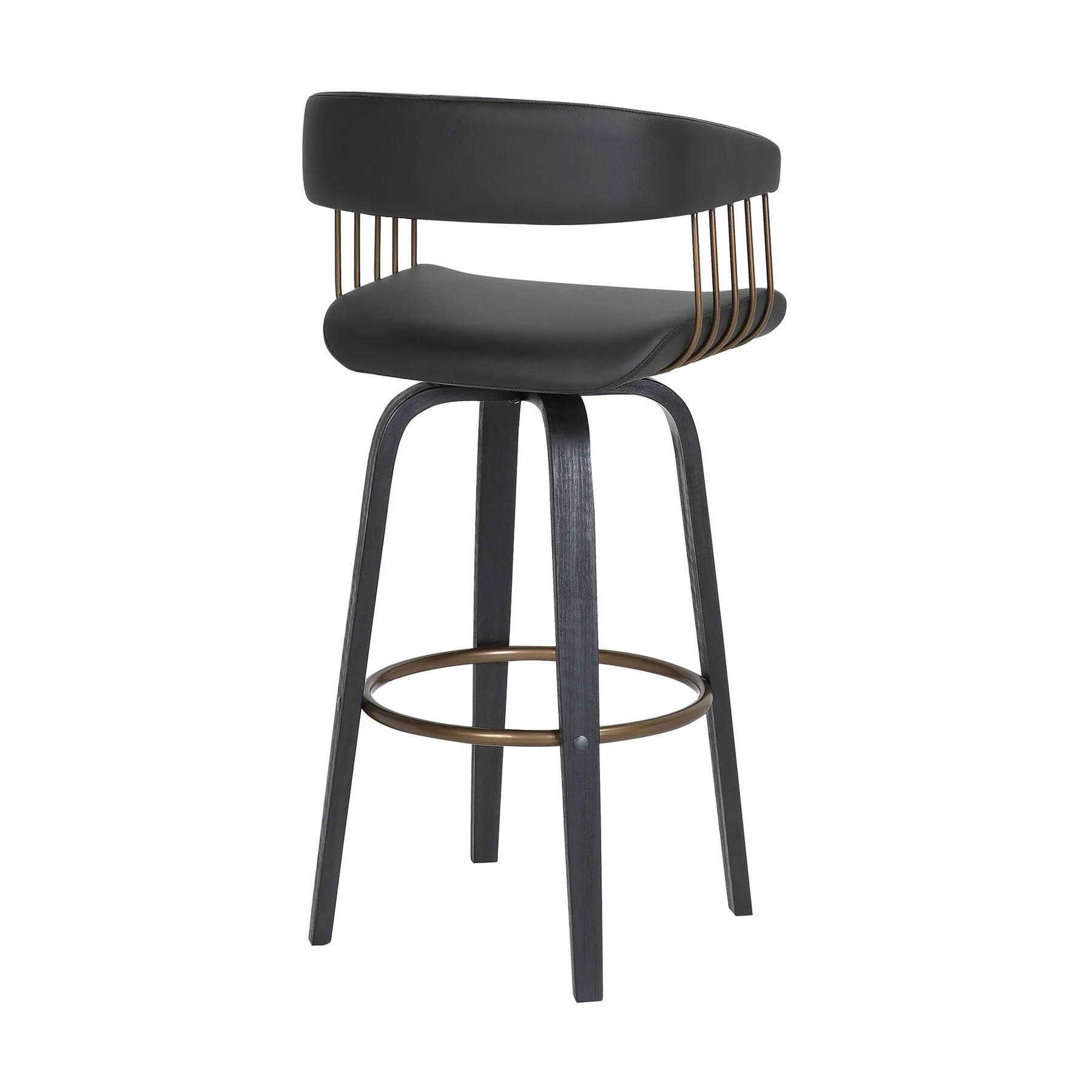 Topanga 26" Swivel Black Wood Counter Stool in Black Faux Leather with Golden Bronze Metal - Image 4
