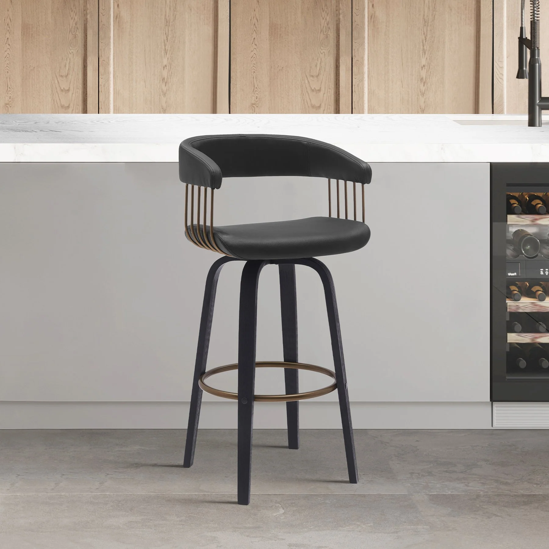 Topanga 26" Swivel Black Wood Counter Stool in Black Faux Leather with Golden Bronze Metal - Image 9