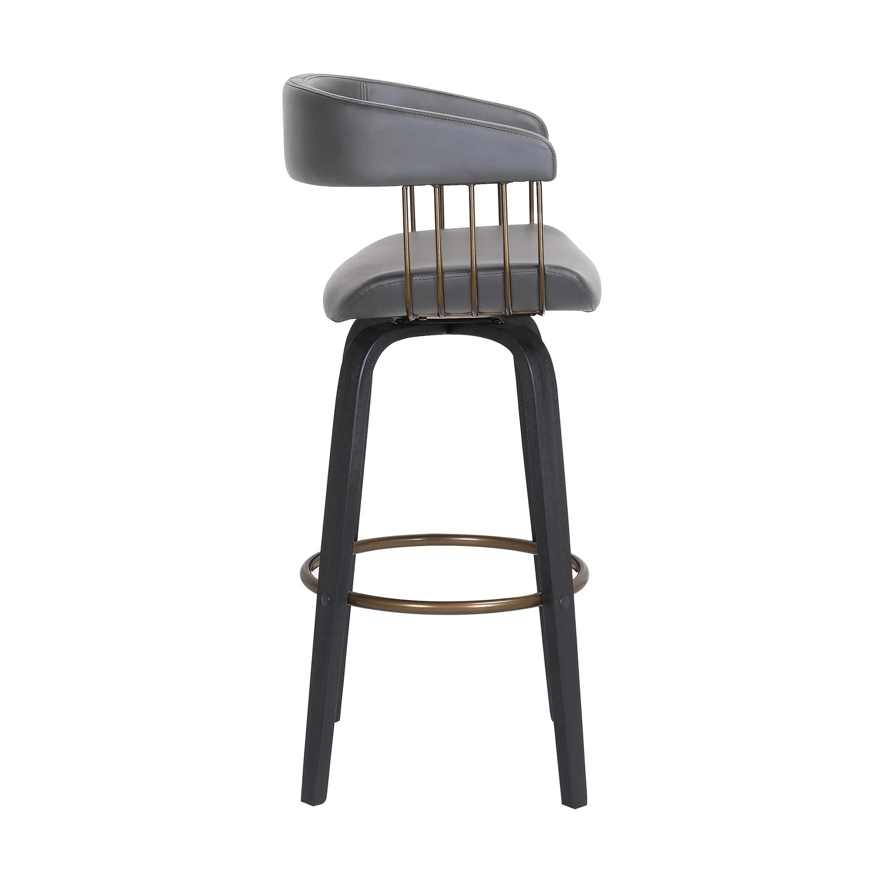 Topanga 26" Swivel Black Wood Counter Stool in Gray Faux Leather with Golden Bronze Metal - Image 3