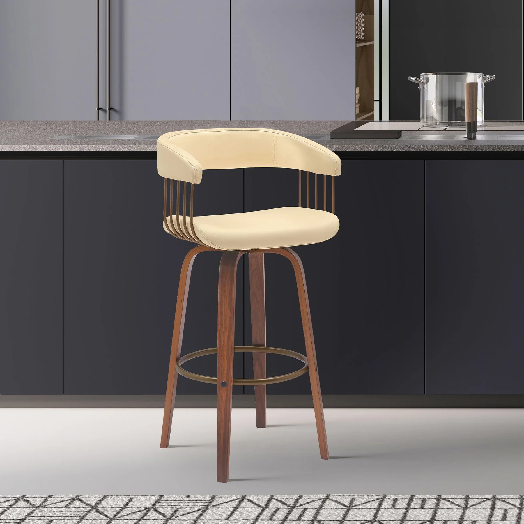 Topanga 26" Swivel Walnut Wood Counter Stool in Cream Faux Leather with Golden Bronze Metal - Image 9