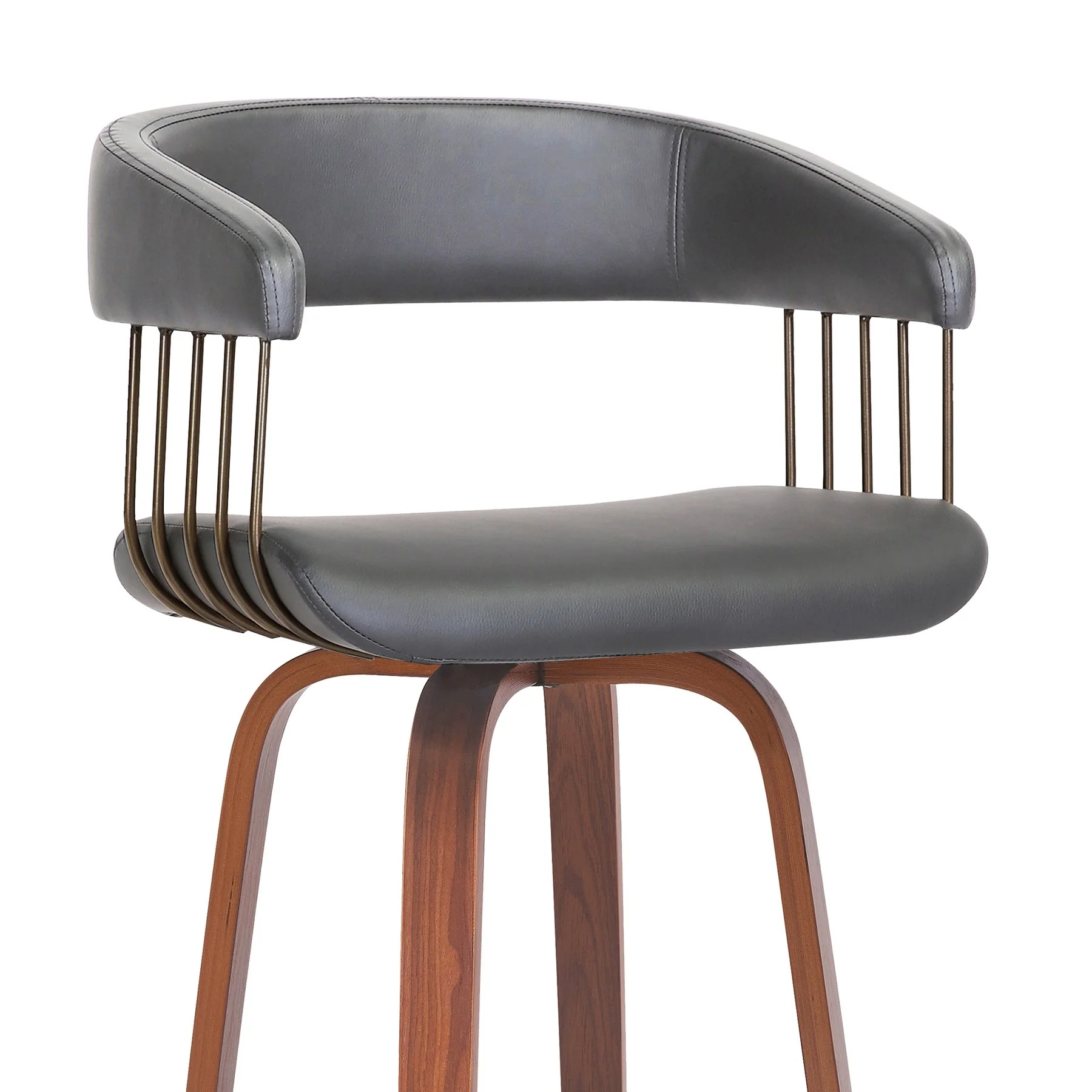 Topanga 26" Swivel Walnut Wood Counter Stool in Gray Faux Leather with Golden Bronze Metal - Image 4