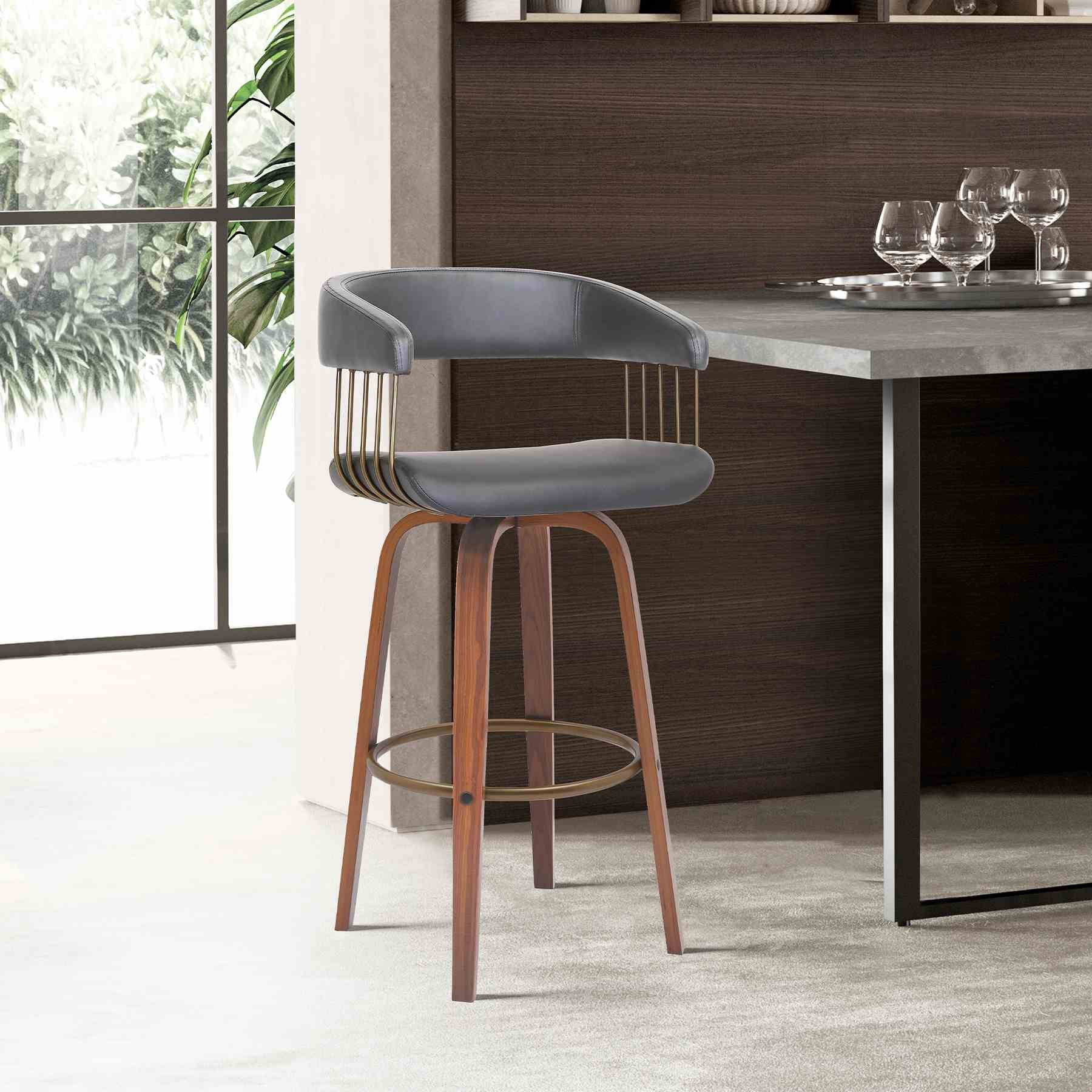 Topanga 26" Swivel Walnut Wood Counter Stool in Gray Faux Leather with Golden Bronze Metal - Image 8