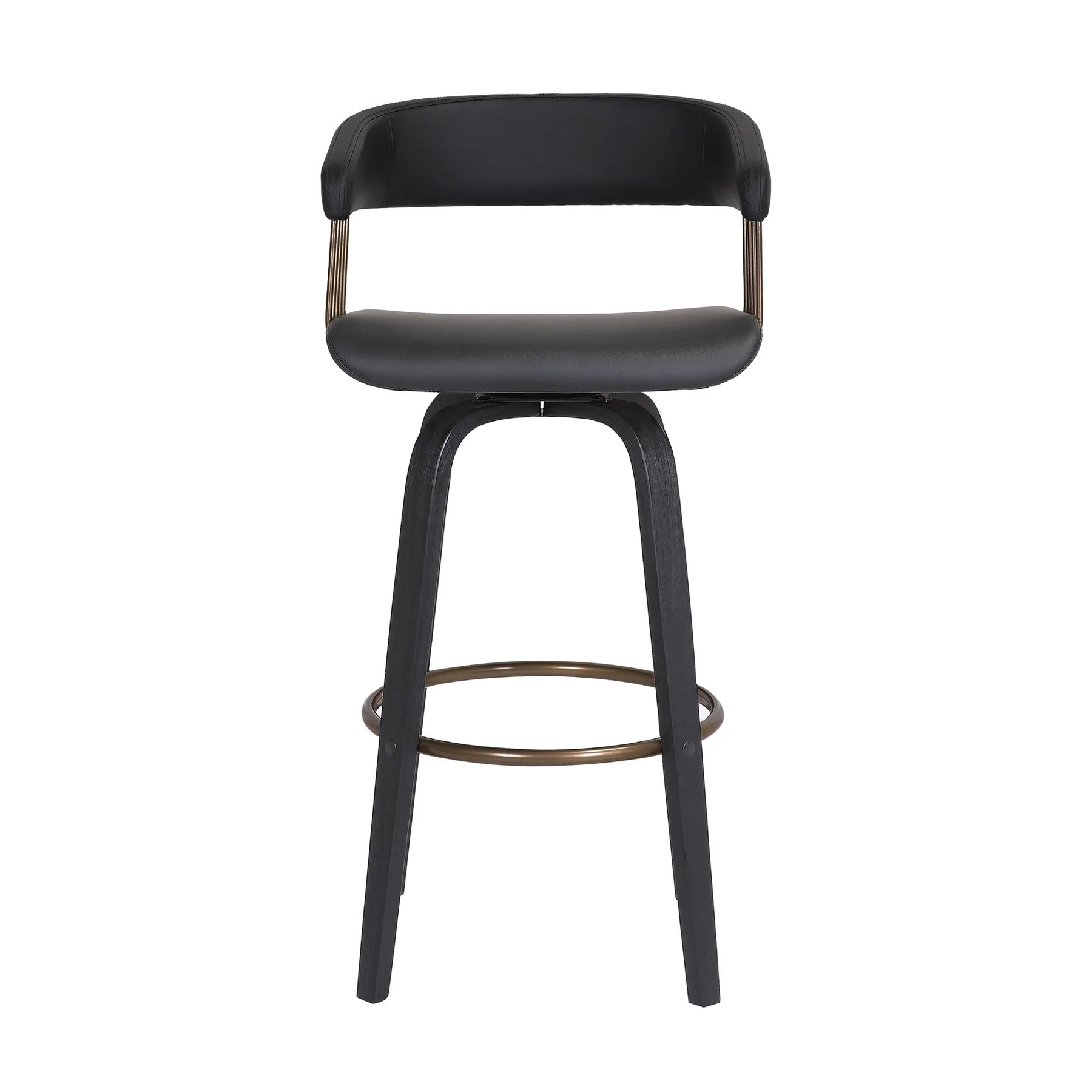 Topanga 30.5" Swivel Black Wood Bar Stool in Black Faux Leather with Golden Bronze Metal - Image 2