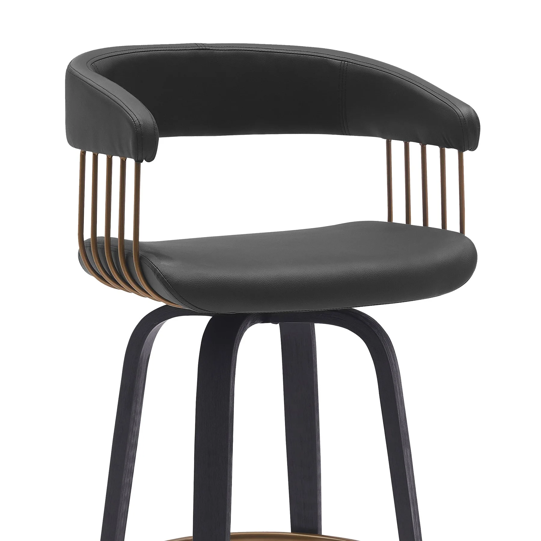 Topanga 30.5" Swivel Black Wood Bar Stool in Black Faux Leather with Golden Bronze Metal - Image 5